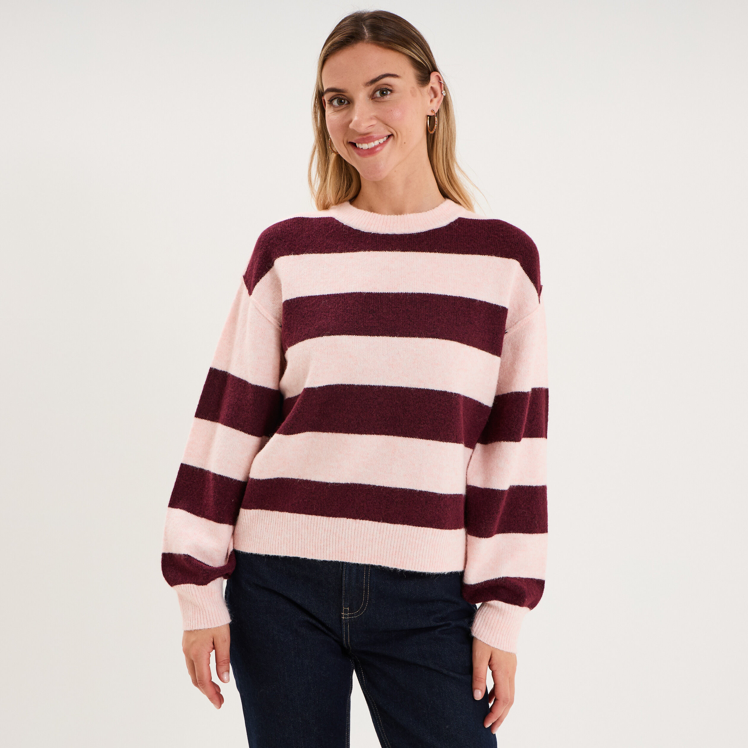 Pull col rond avec manches longues rose clair femme