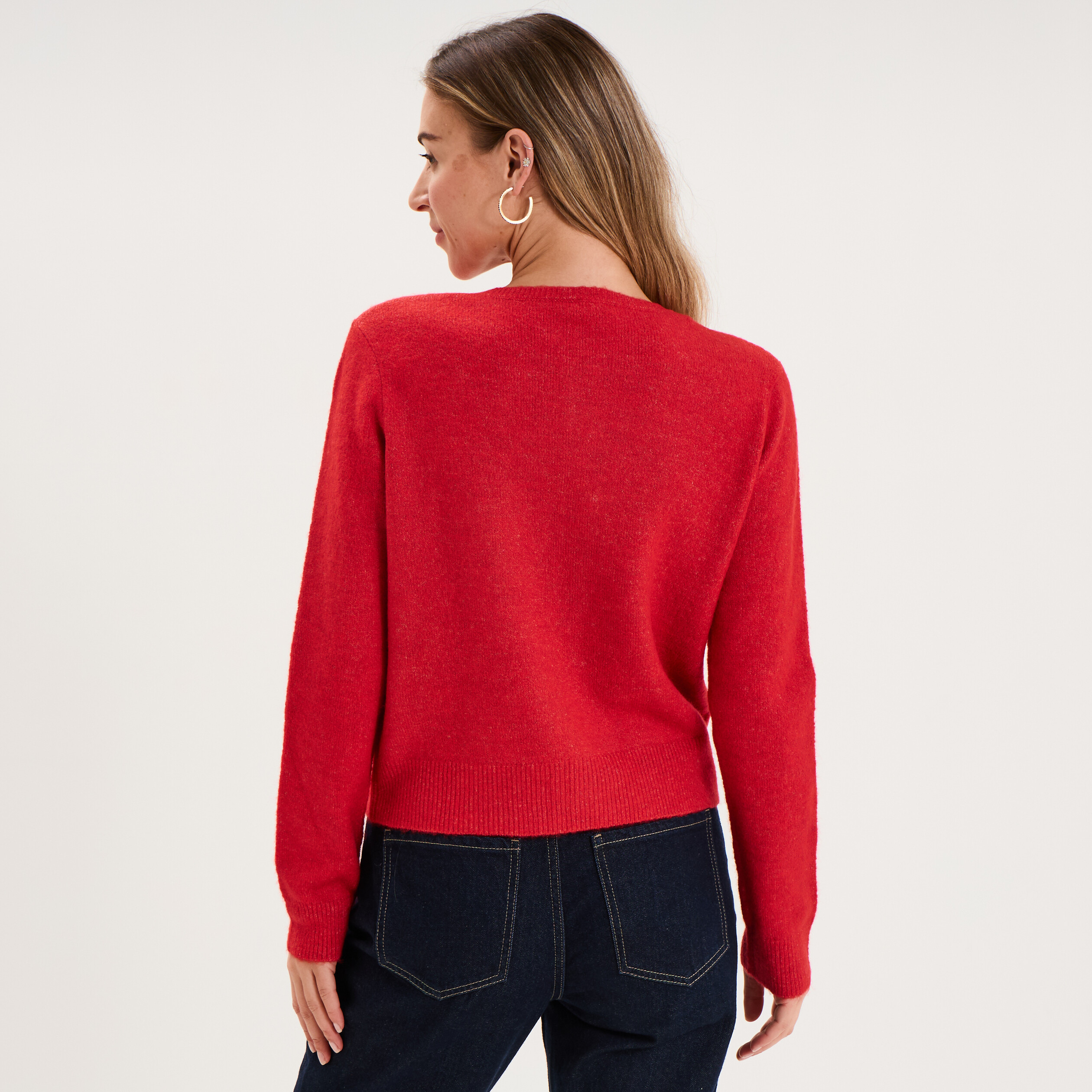 Gilet col rond manches longues rouge femme
