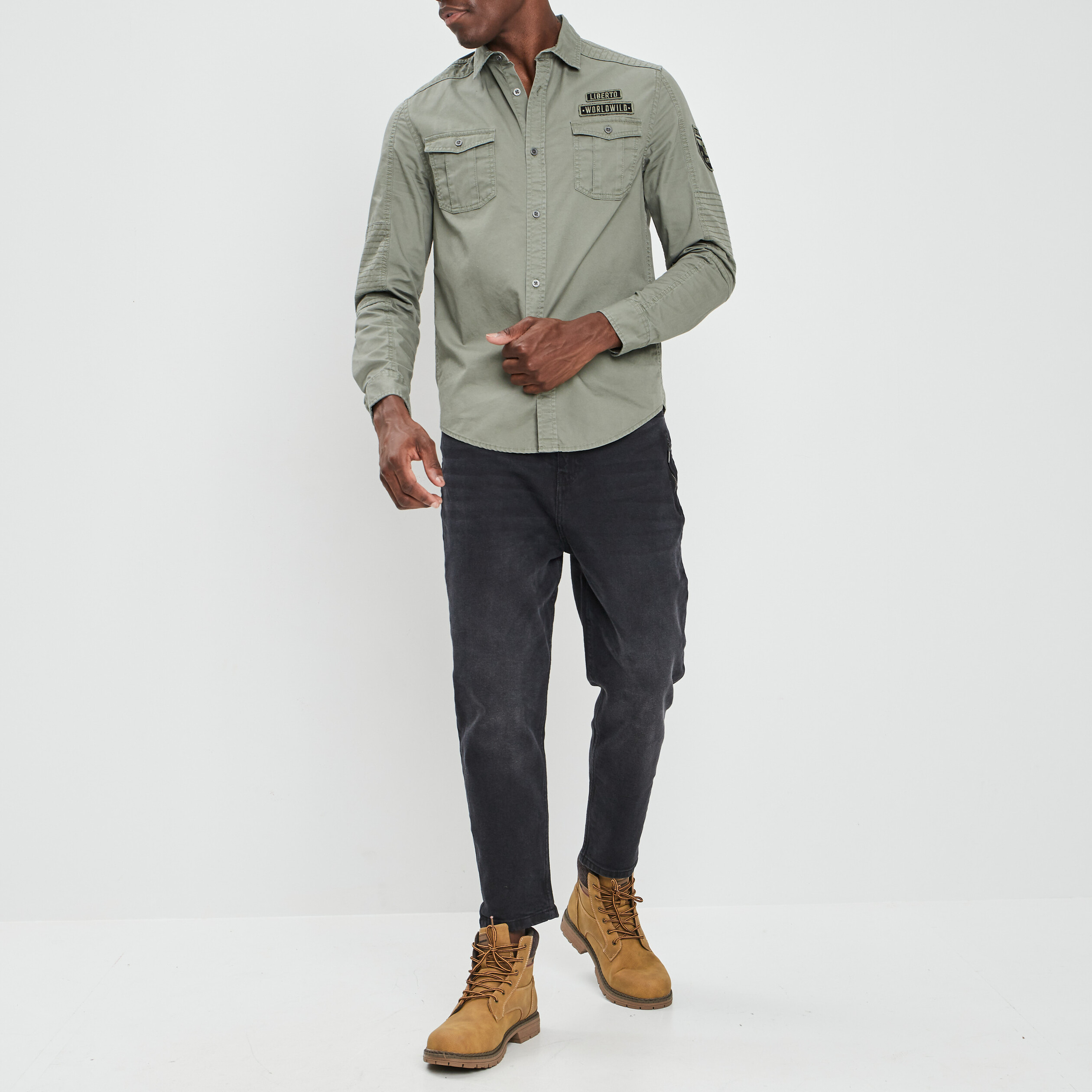 chemise coton manches longues vert kaki homme Chemise coton manches longues vert kaki homme