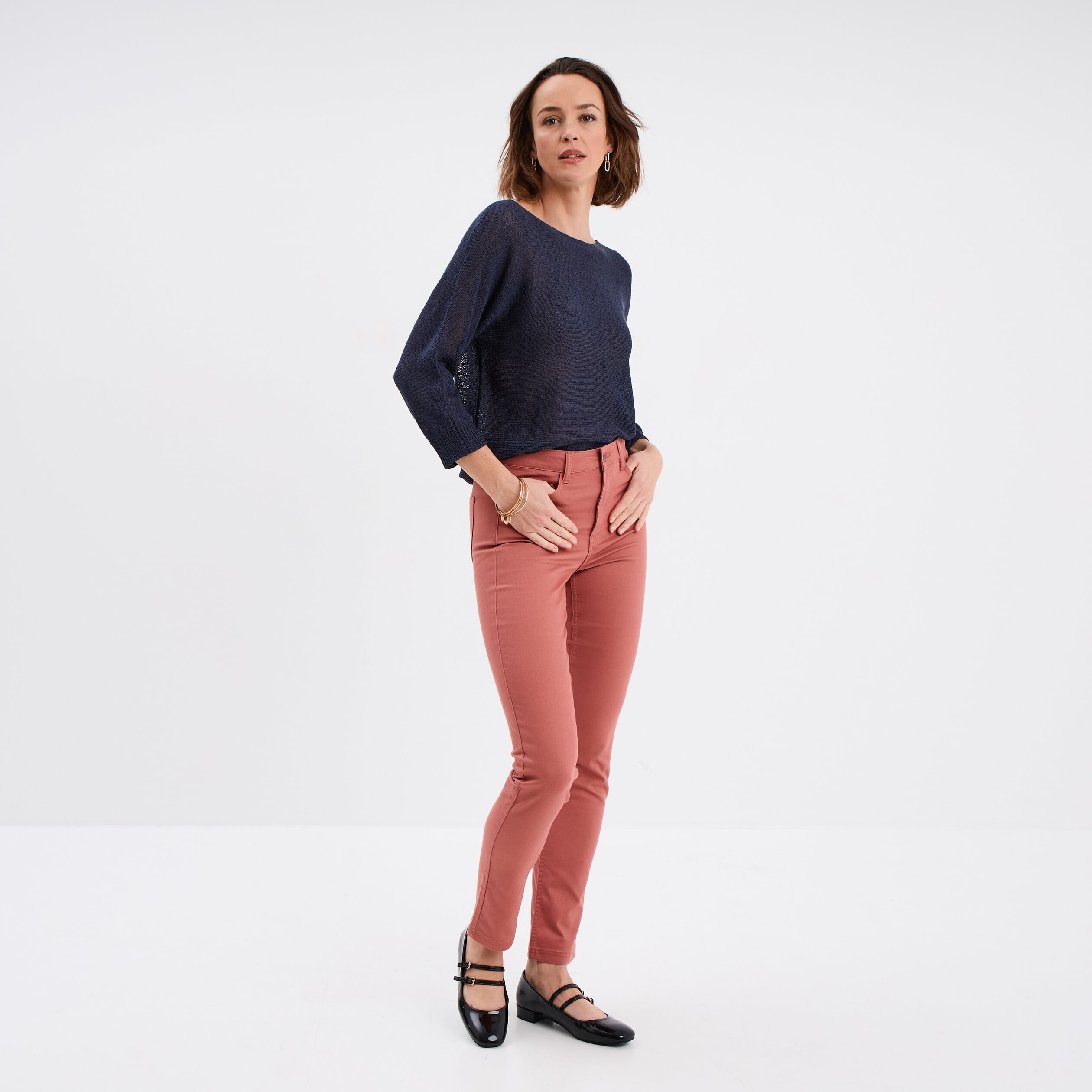 Pantalon slim stretch vieux rose femme