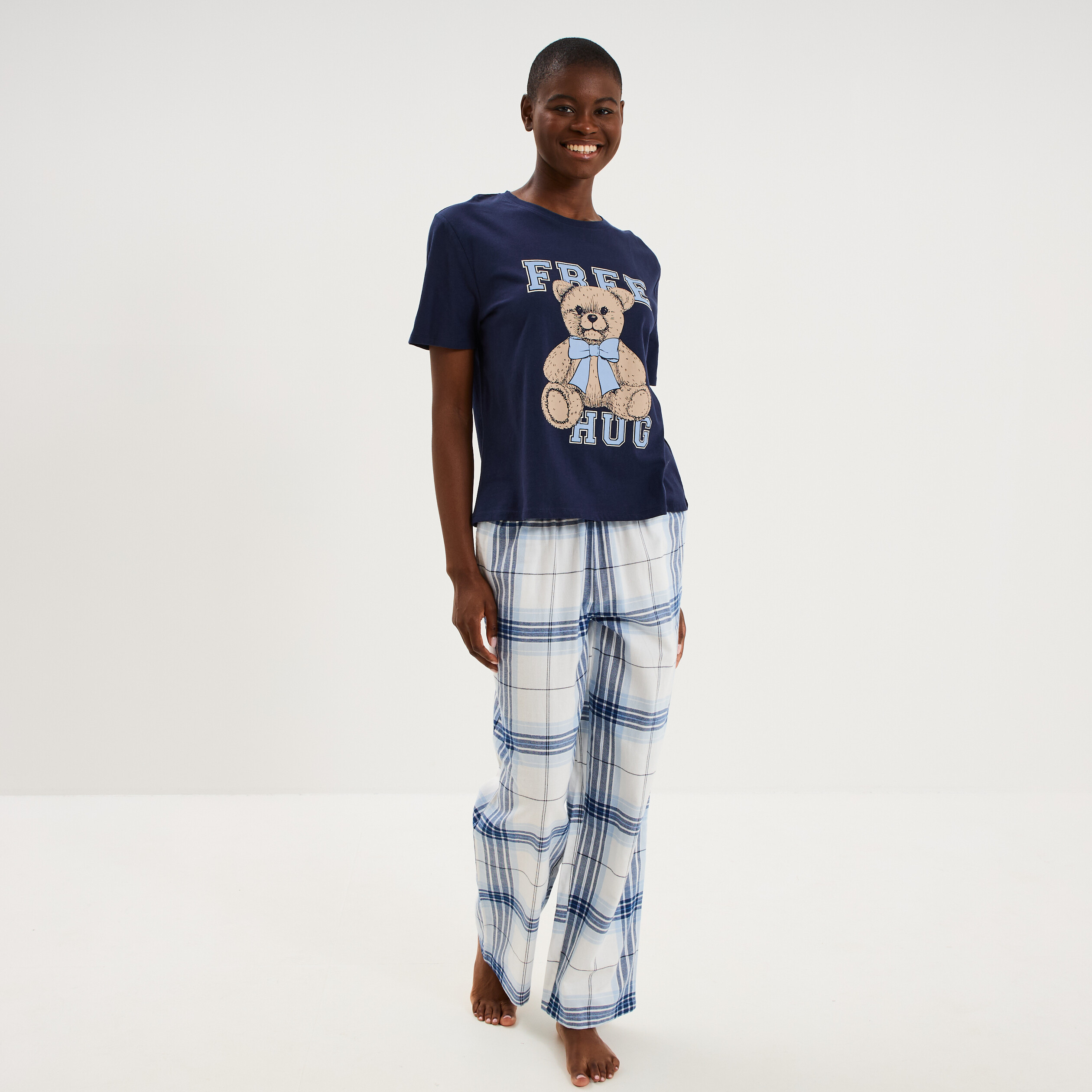 Ensemble pyjama pantalon t-shirt coton bleu femme