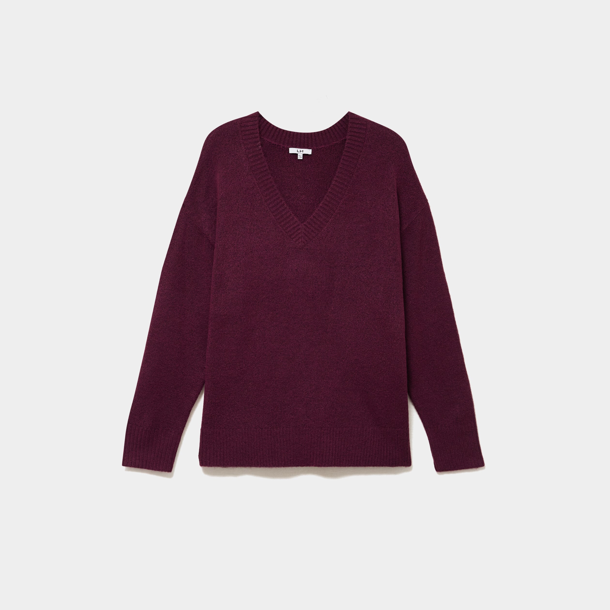 Pull droit col en V manches longues prune femme grande taille
