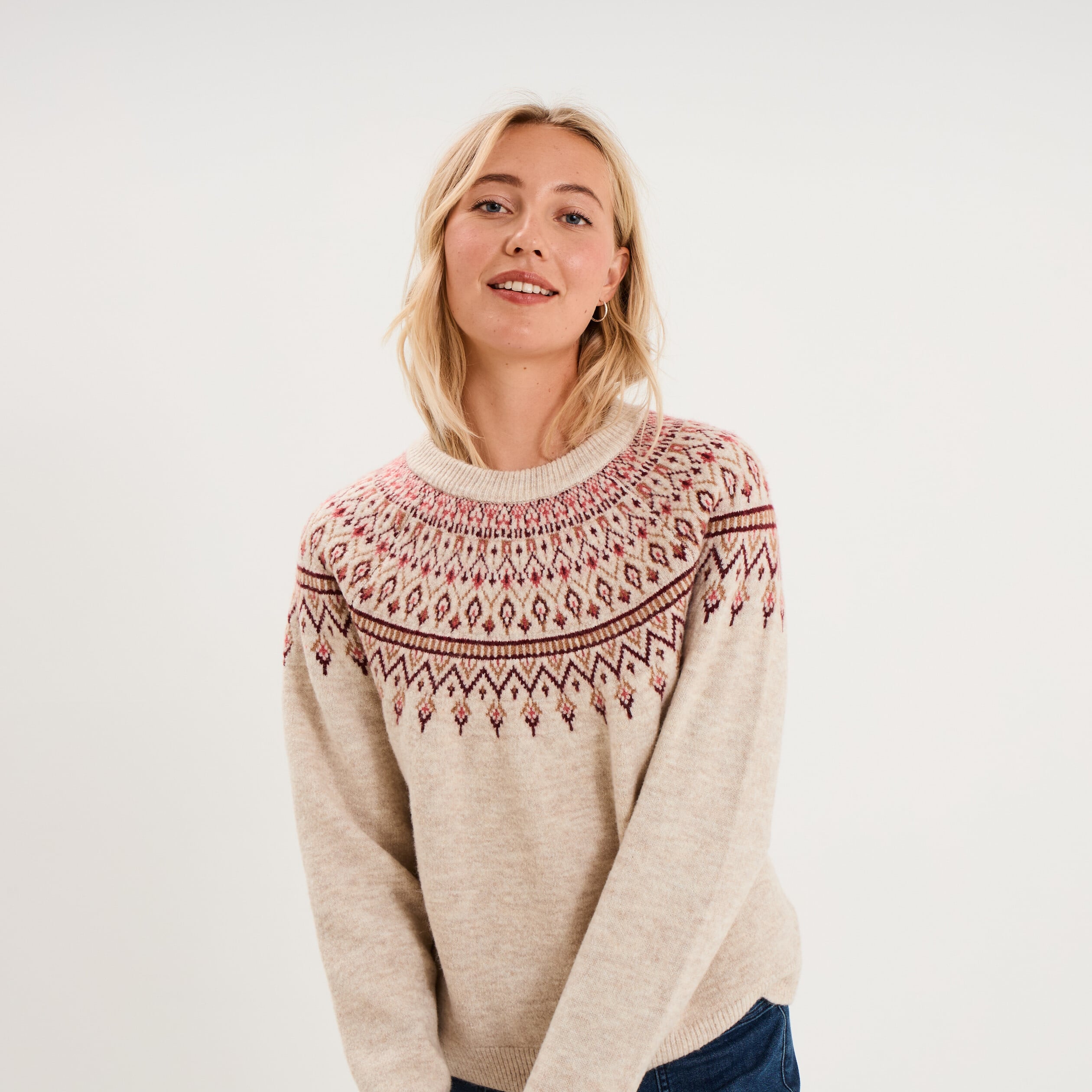 Pull jacquard col rond manches longues ecru femme