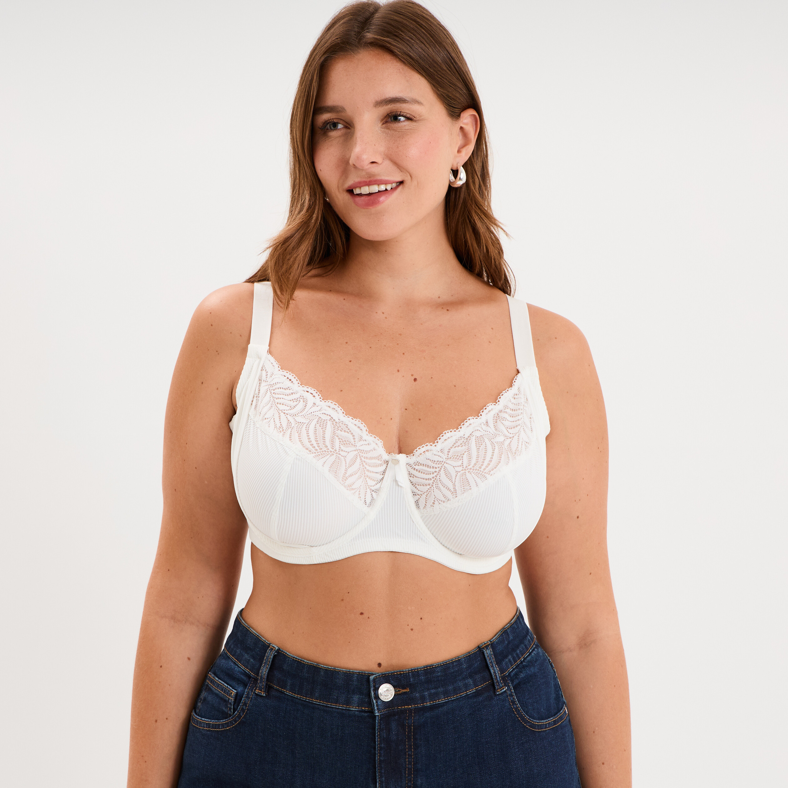 Soutien-gorge dentelle embo&icirc;tant c&ocirc;tel&eacute; blanc femme grande taille