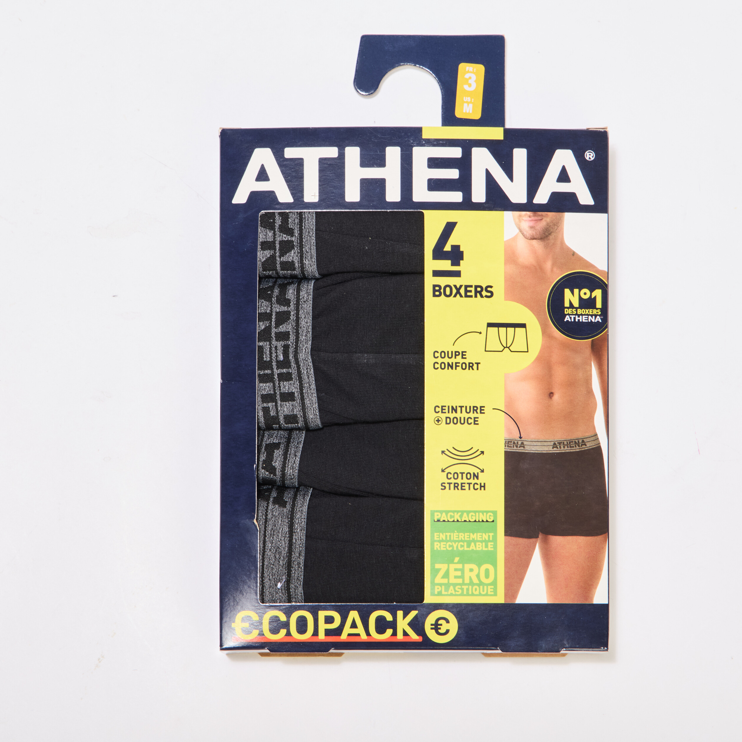 lot 4 boxers coton stretch athena noir homme Lot 4 boxers coton stretch Athena noir homme