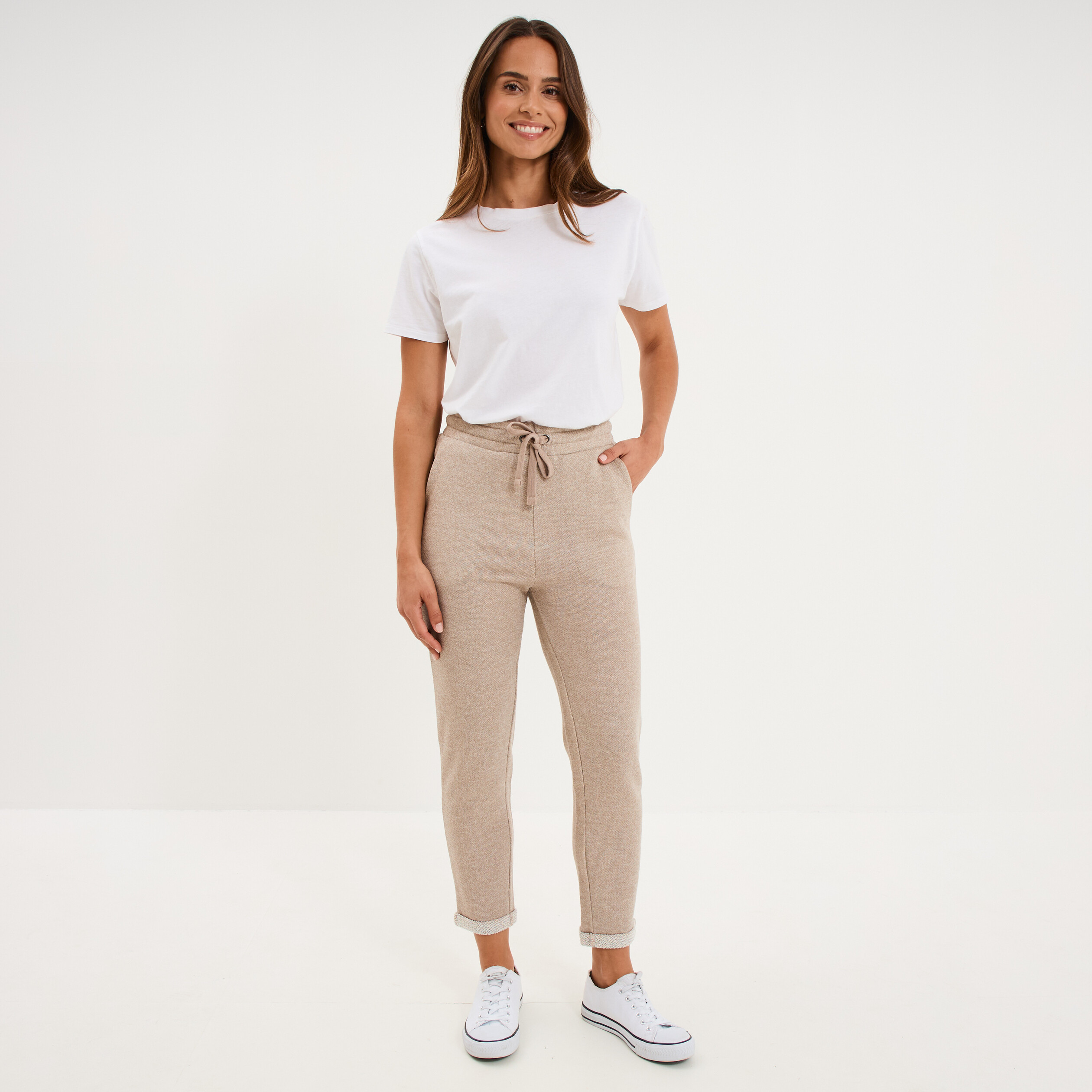 Pantalon jogging taille haute beige femme