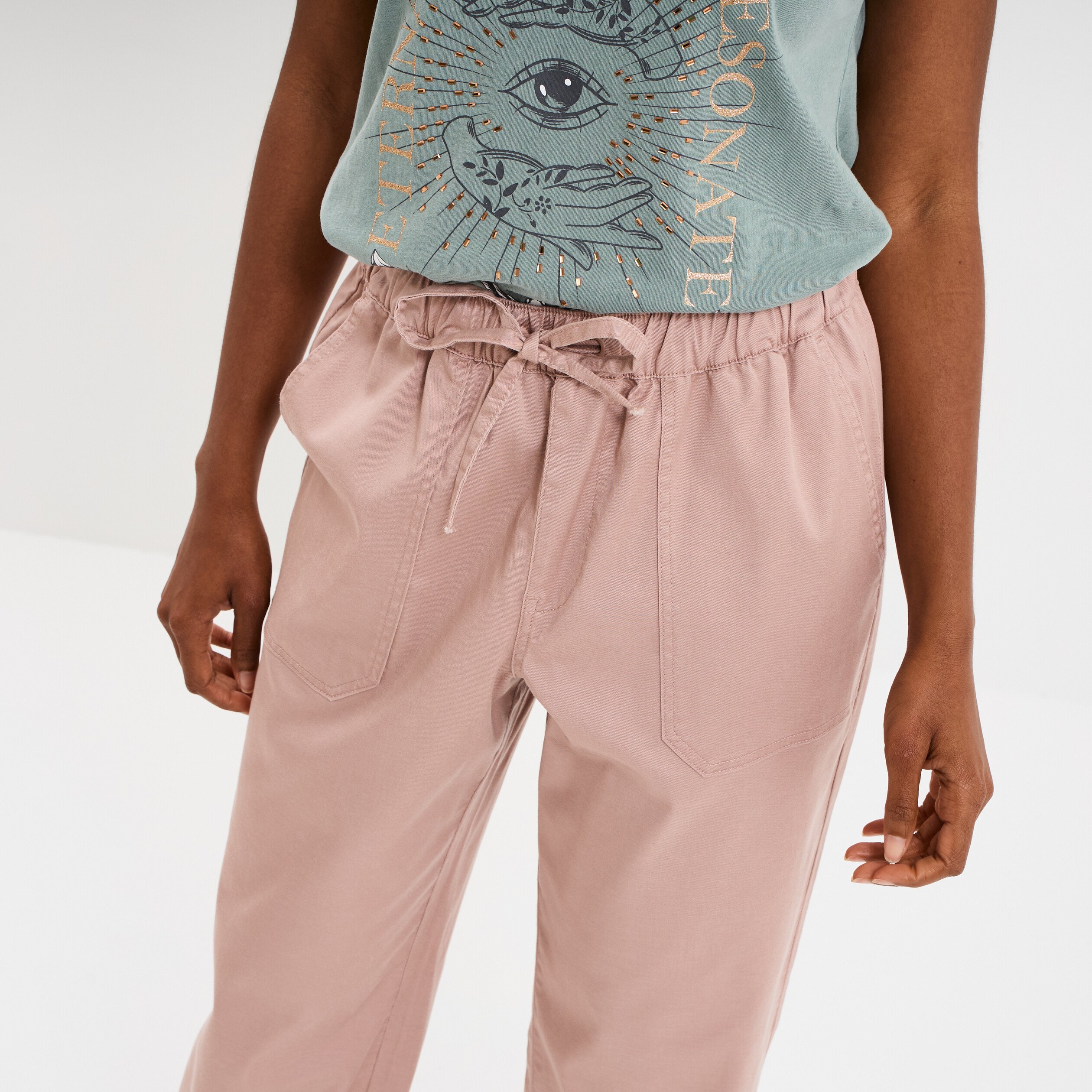 pantalon droit battle taille elastiquee rose poudree femme Pantalon droit battle taille élastiquée rose poudrée femme