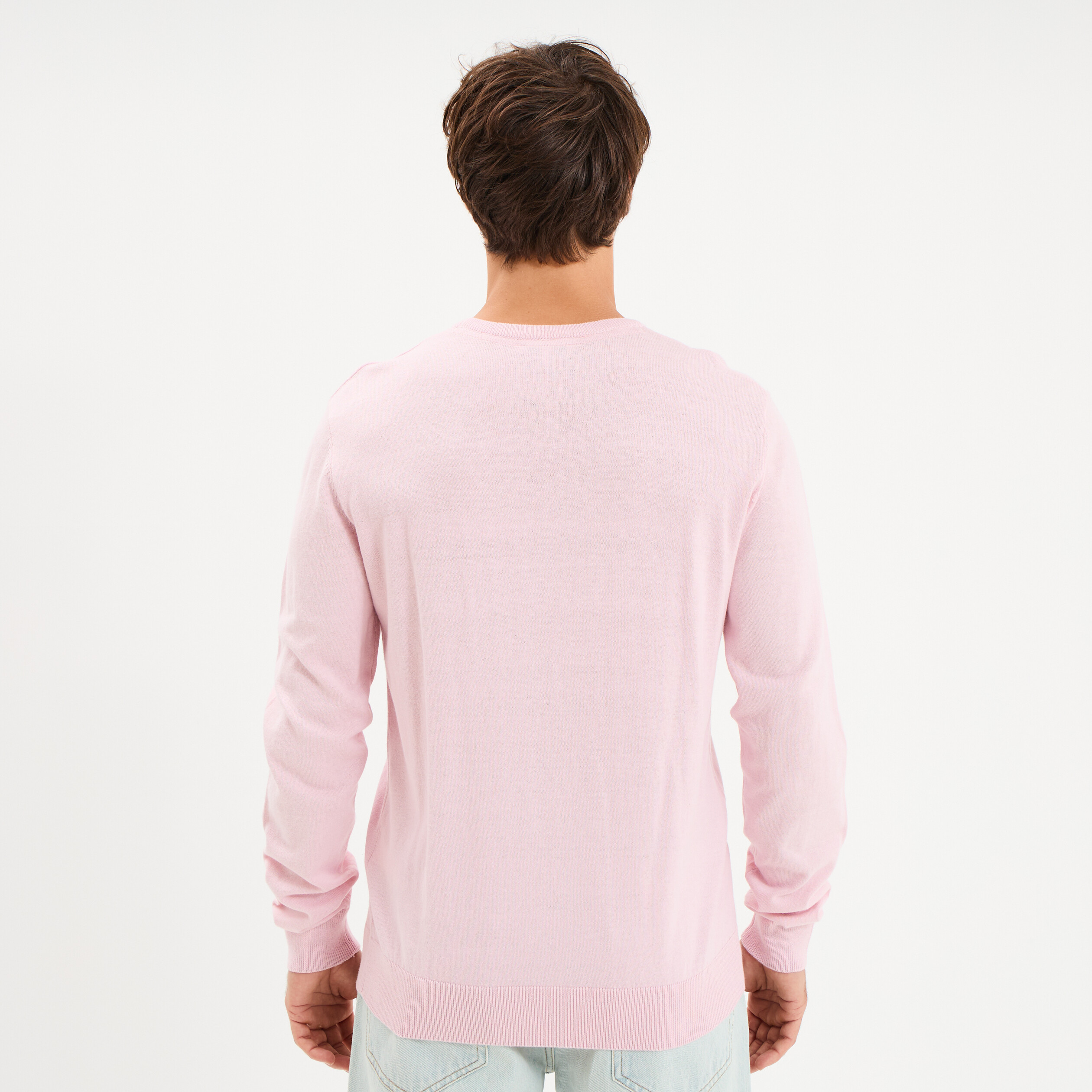 Pull droit col rond coton m&eacute;lang&eacute; rose pastel homme