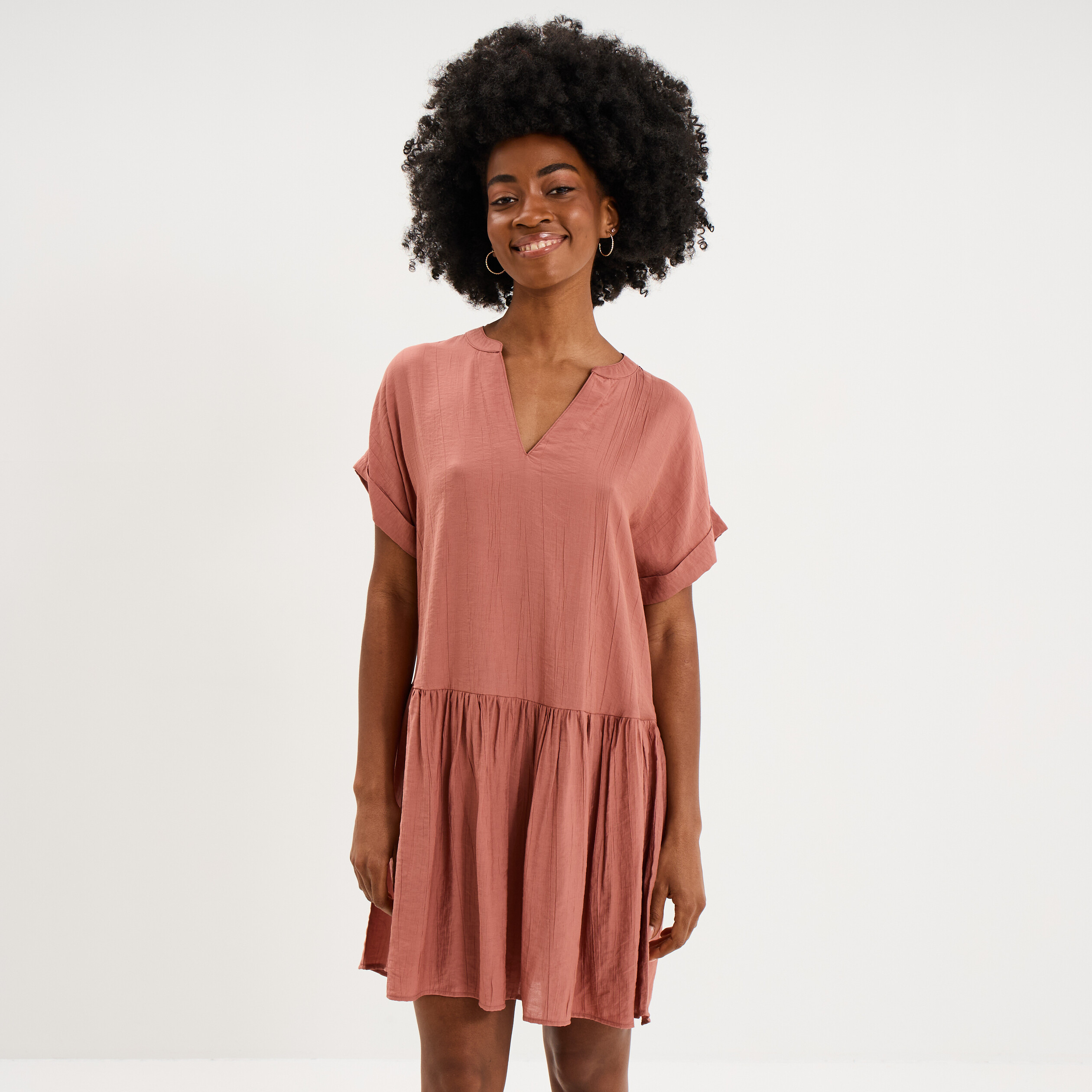 Robe courte fluide bas volants terracotta femme