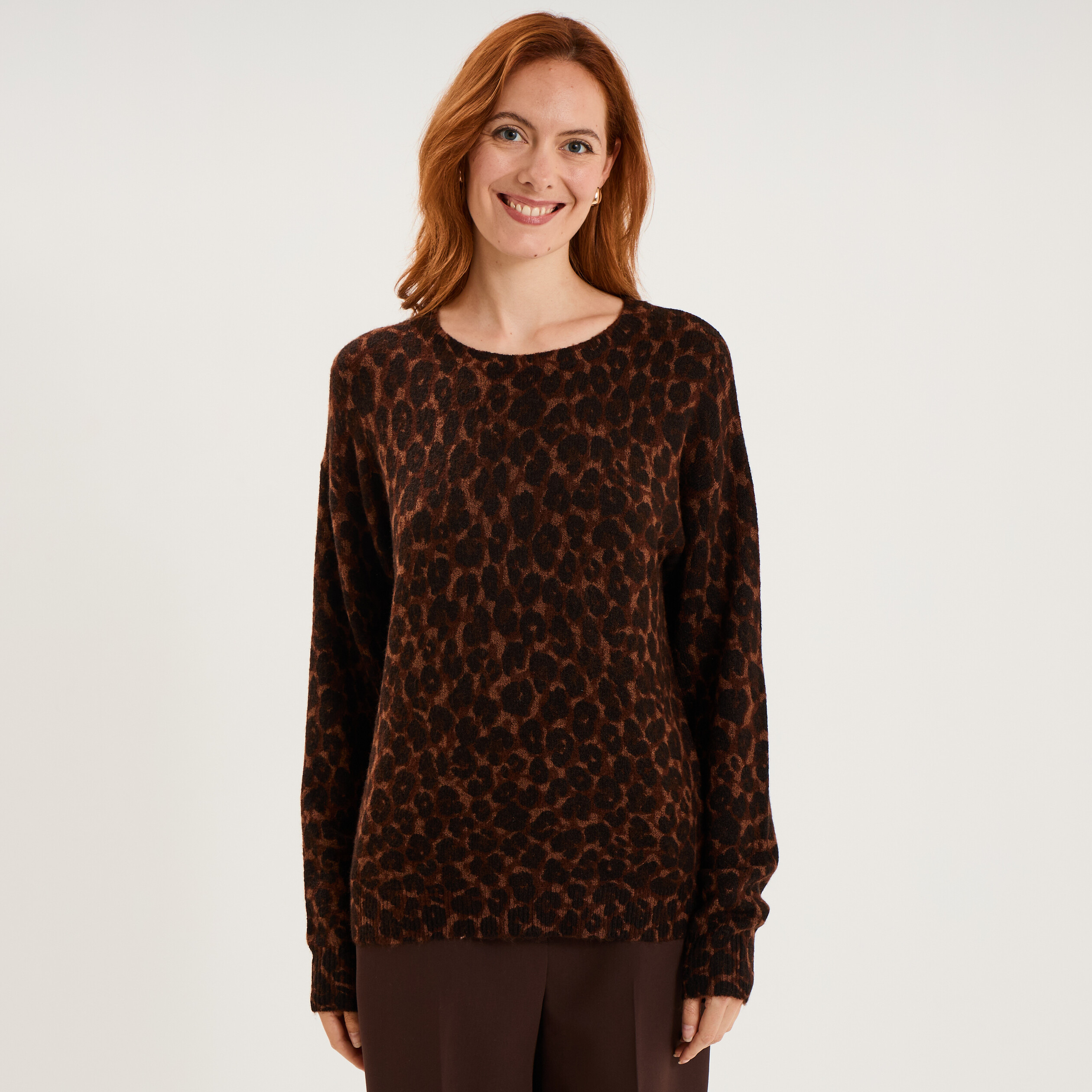 Pull droit col rond manches longues marron femme