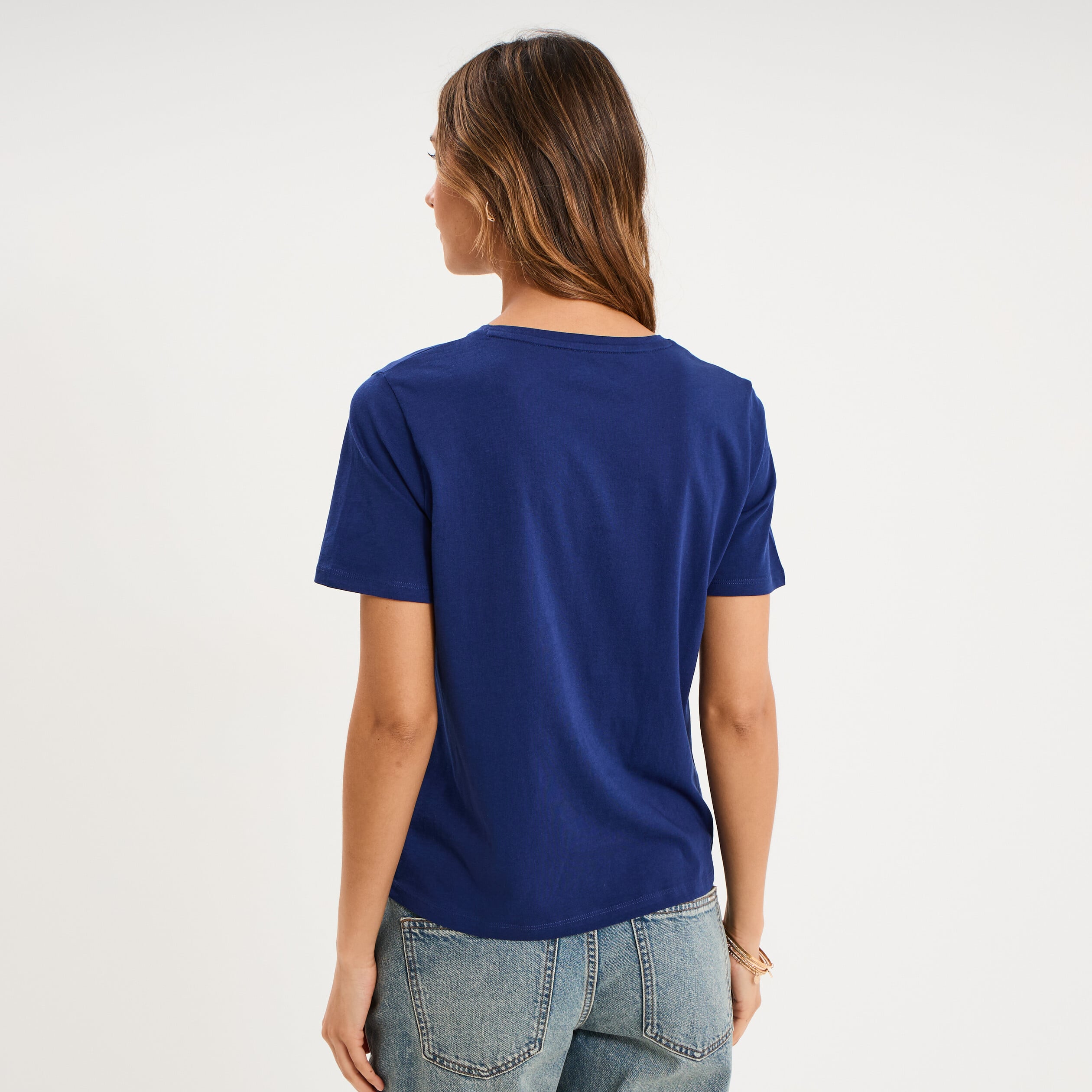 T-shirt col rond manches courtes bleu fonc&eacute; femme