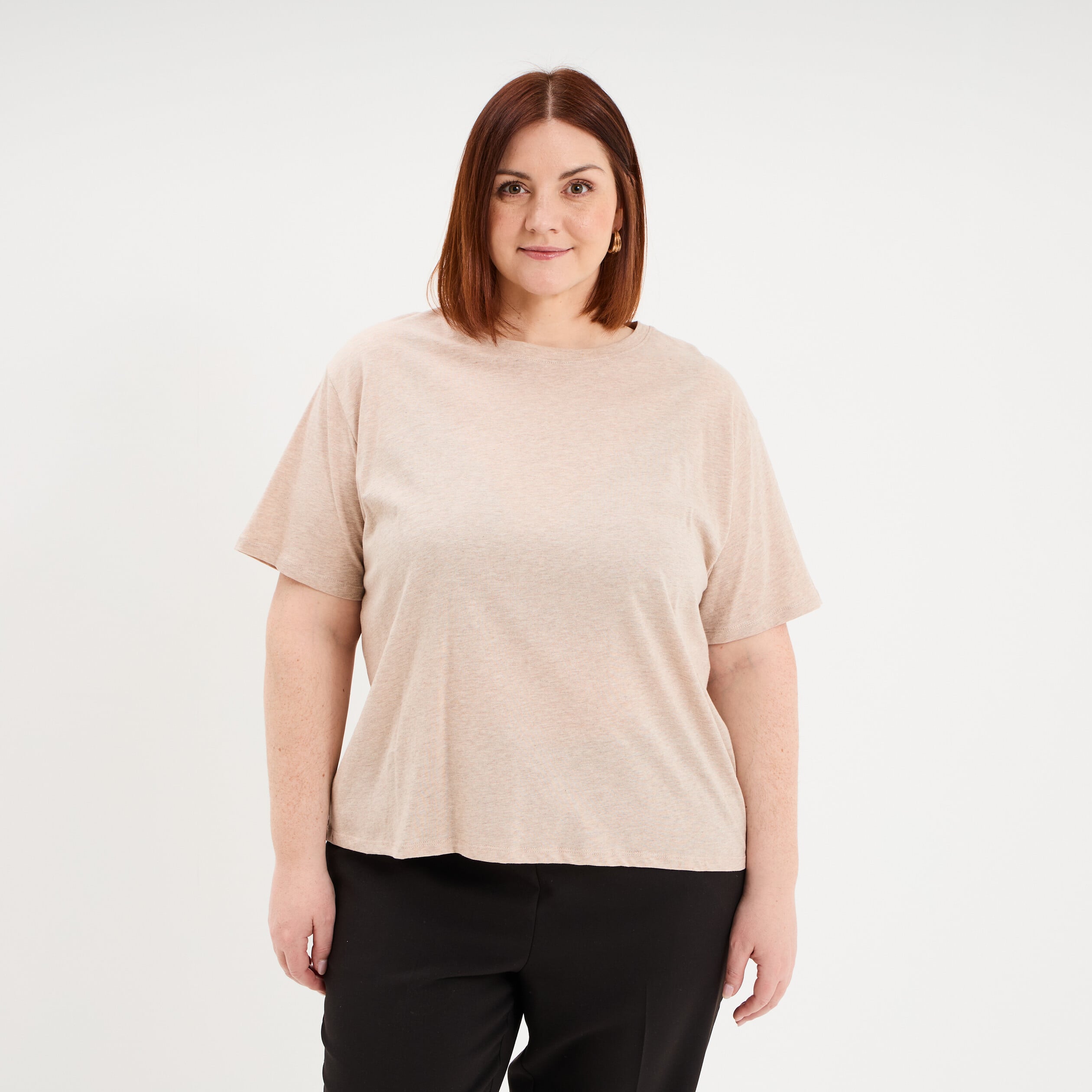 T-shirt col rond manches courtes coton beige femme grande taille