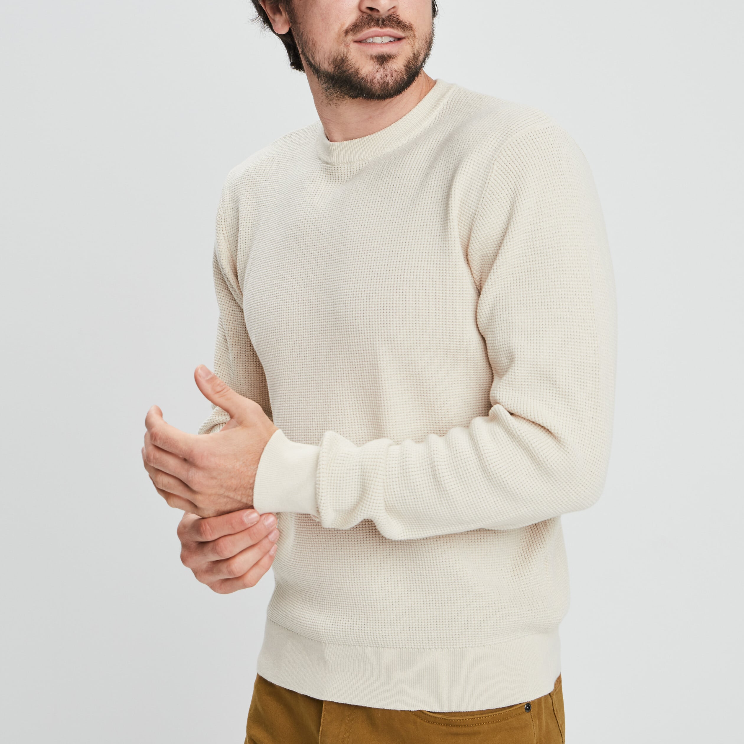 Pull en maille textur&eacute;e col rond creme homme