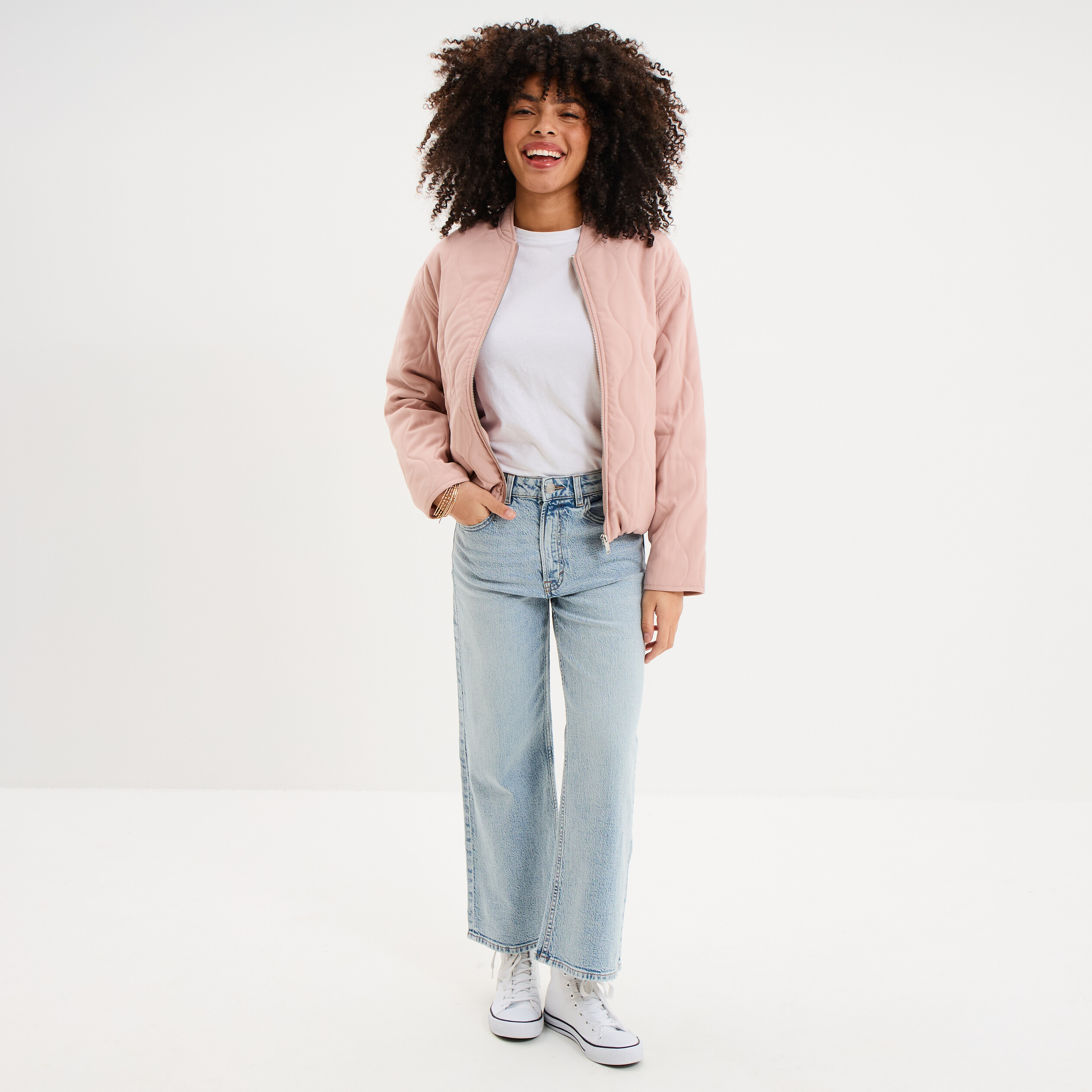 Blouson bomber matelass&eacute; rose poudr&eacute;e femme