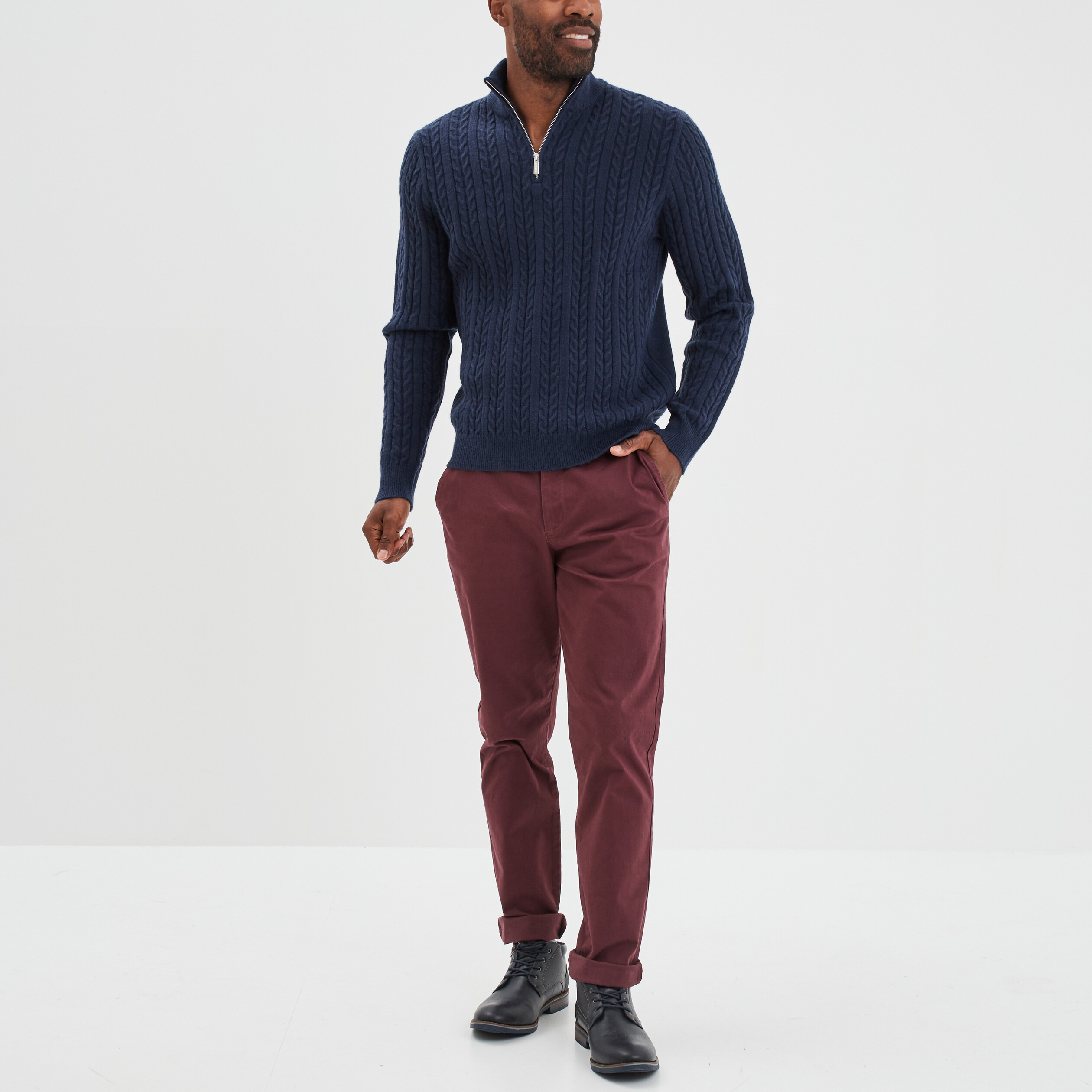 Pull camionneur à torsades bleu marine homme