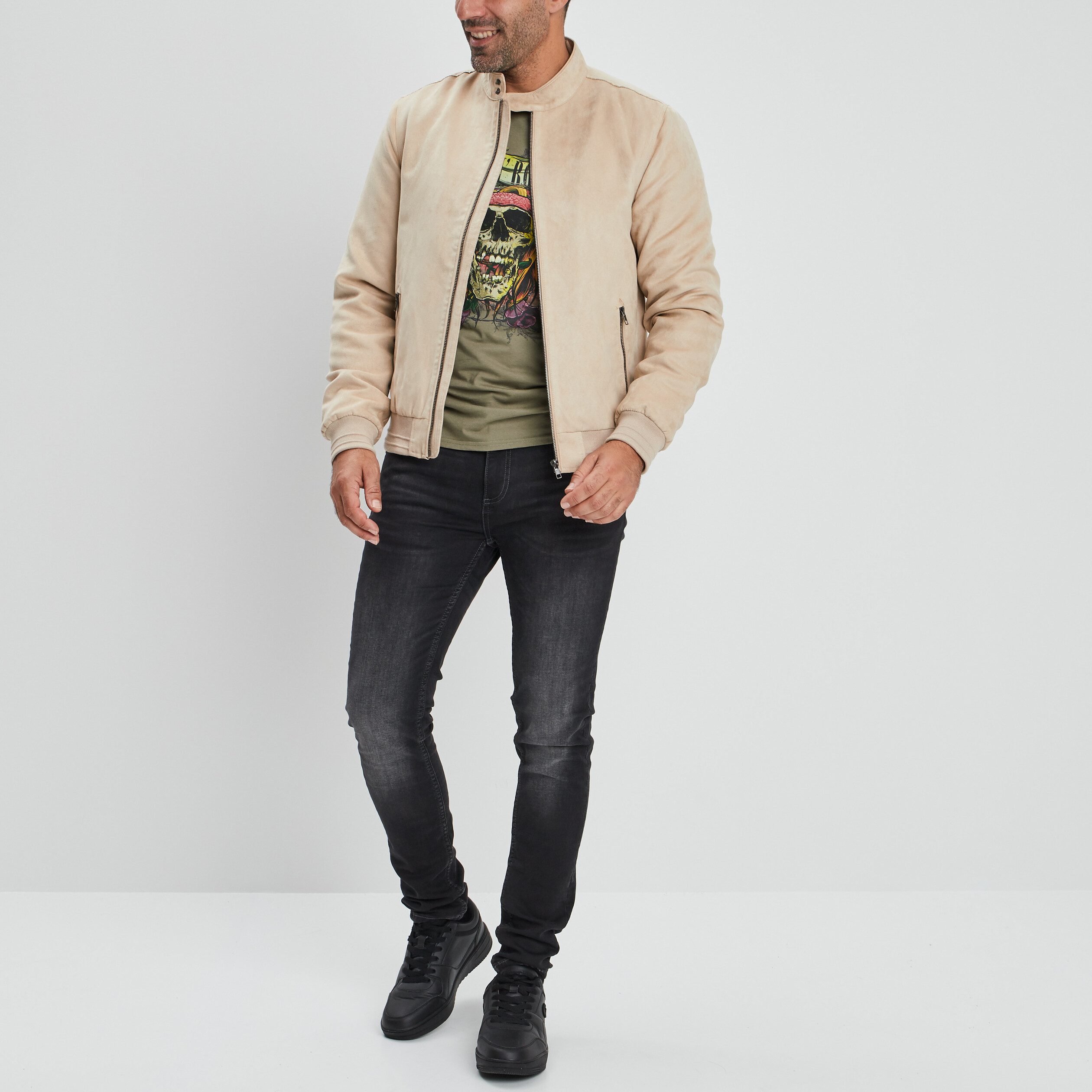 Blouson droit zippé aspect suédine beige homme