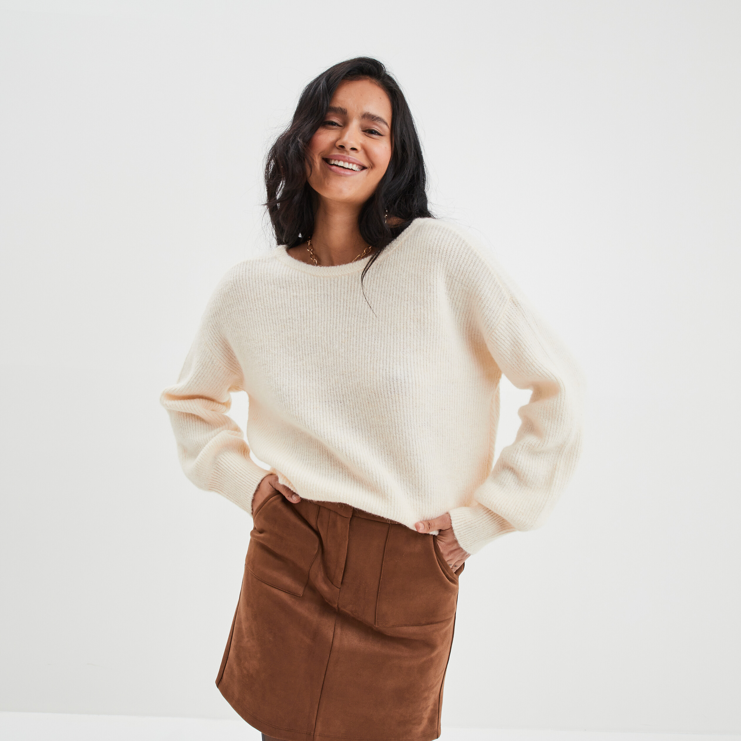 Pull réversible dos col en V creme femme