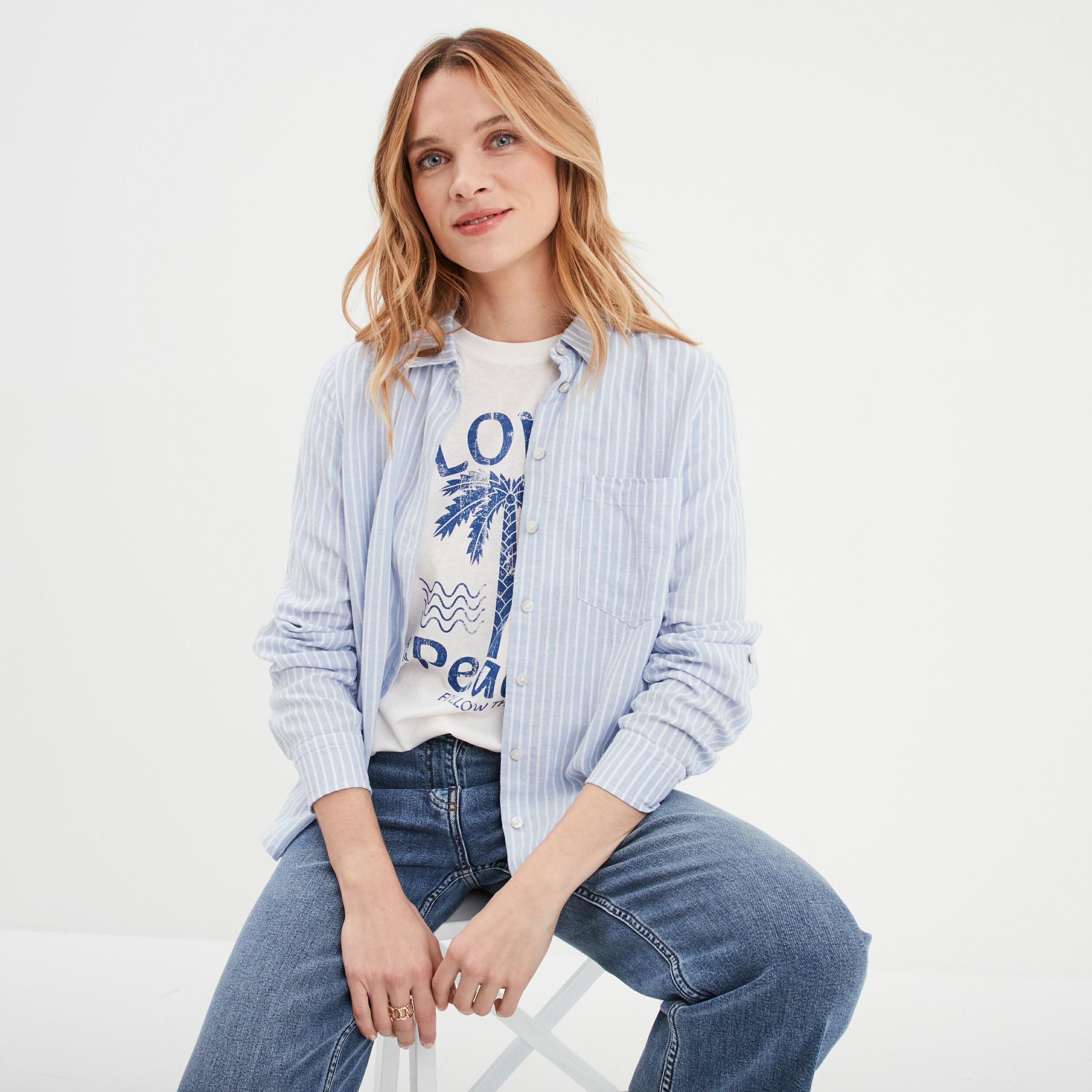 Chemise en lin m&eacute;lang&eacute; bleu lavande femme