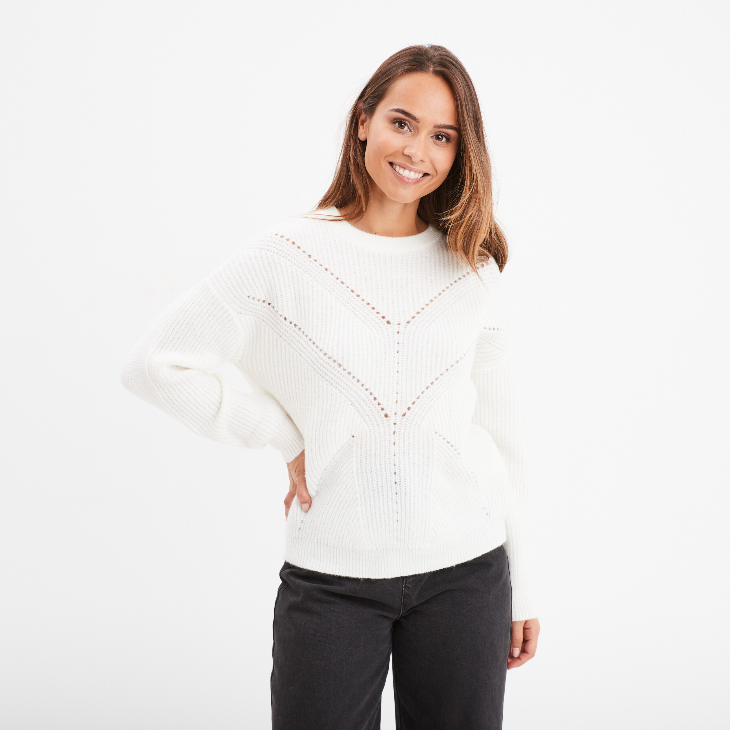 pull col rond aspect laineux blanc femme Pull col rond aspect laineux blanc femme