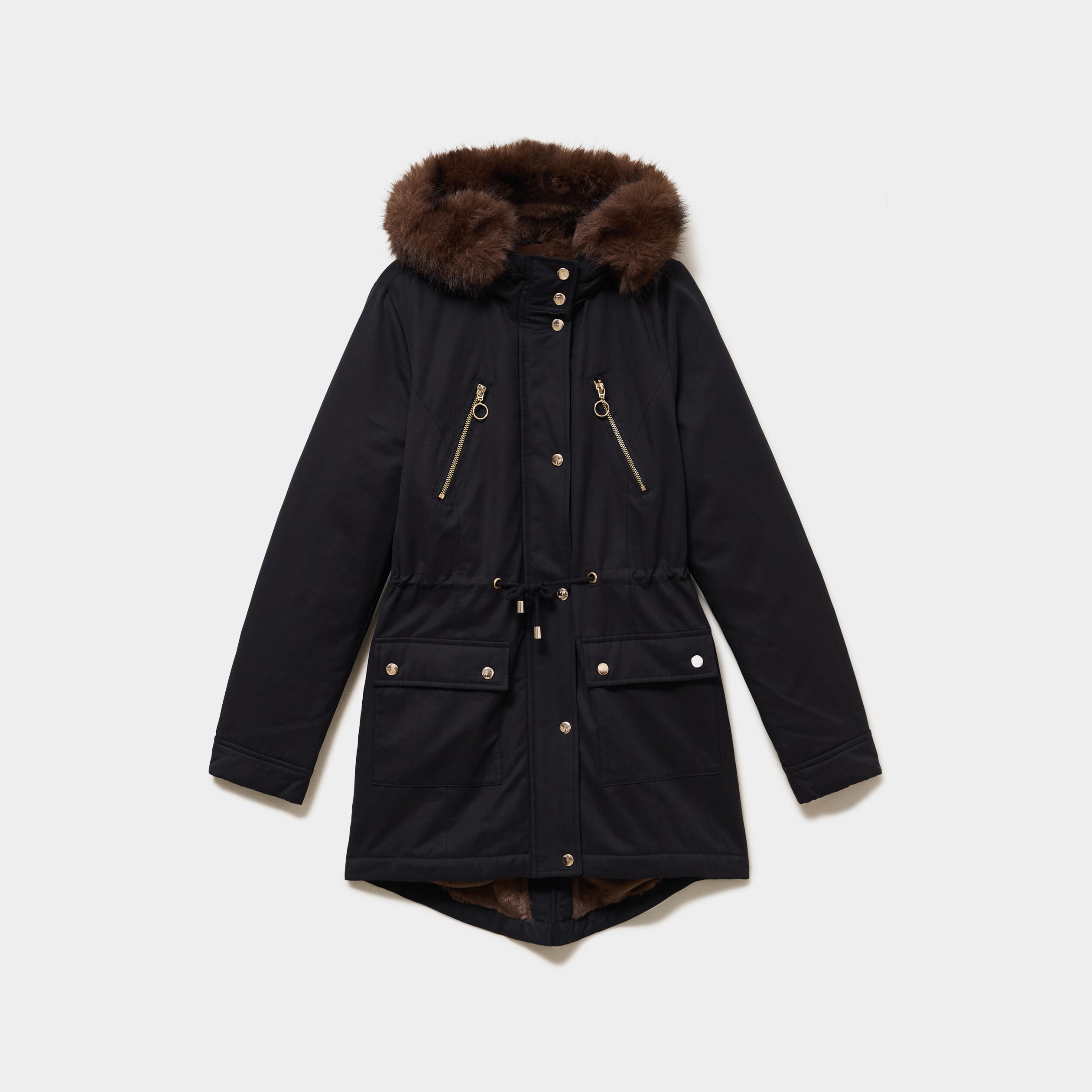 Parka cintr&eacute;e capuche fausse fourrure noir femme