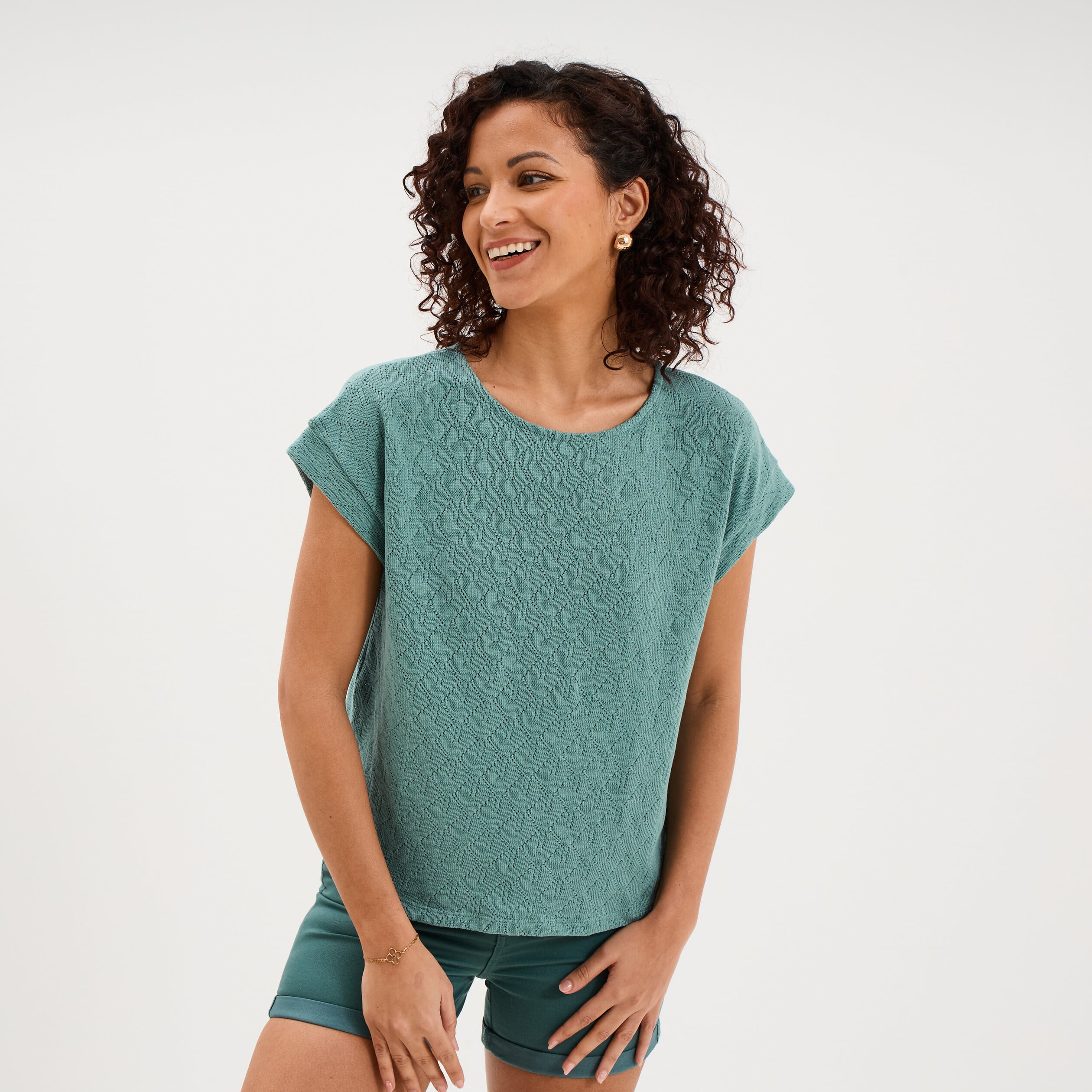 T-shirt ajour&eacute; manches courtes bleu gris femme