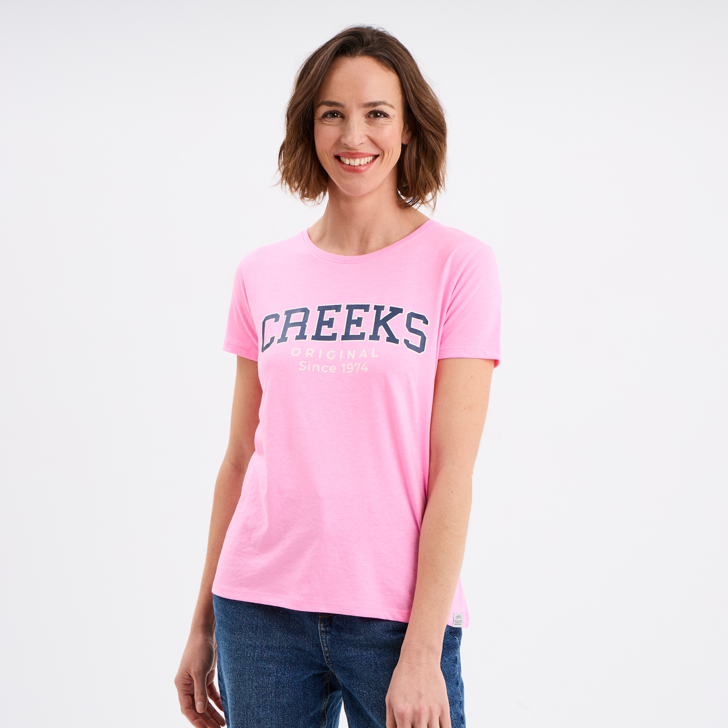 T-shirt col rond manches courtes rose fluo femme