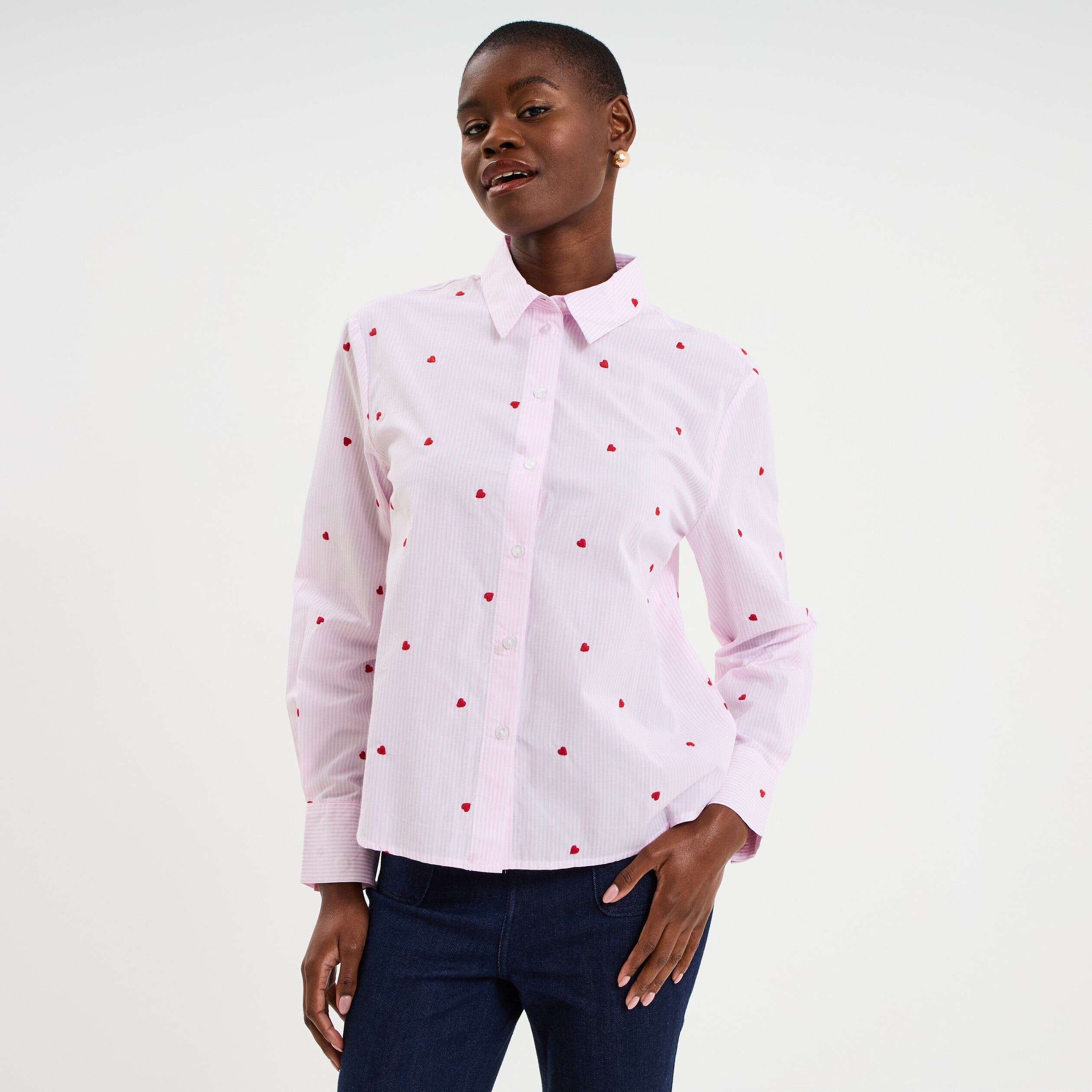 Chemise brod&eacute;e manches longues rose femme