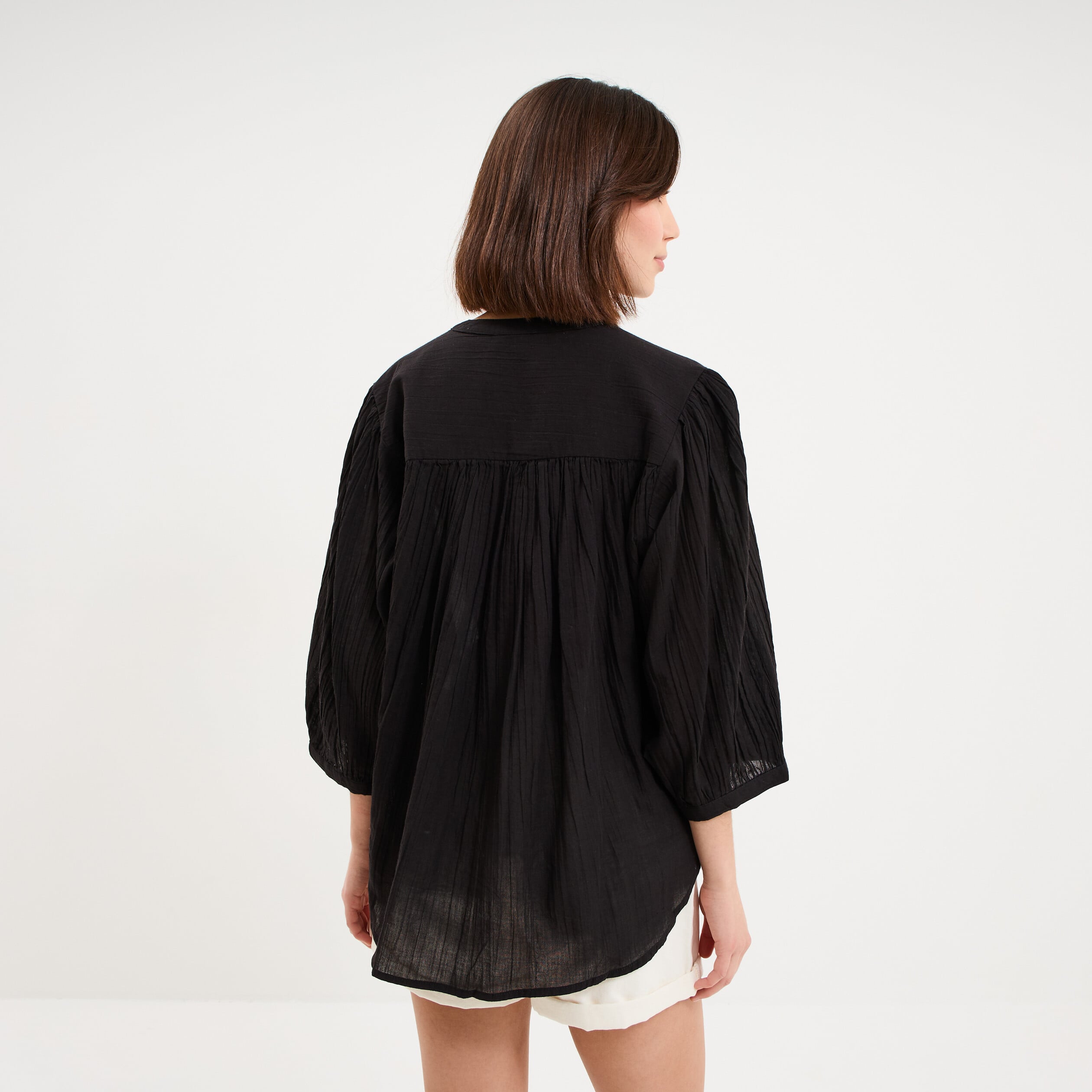 Blouse fluide oversize manches 3/4 coton noir femme