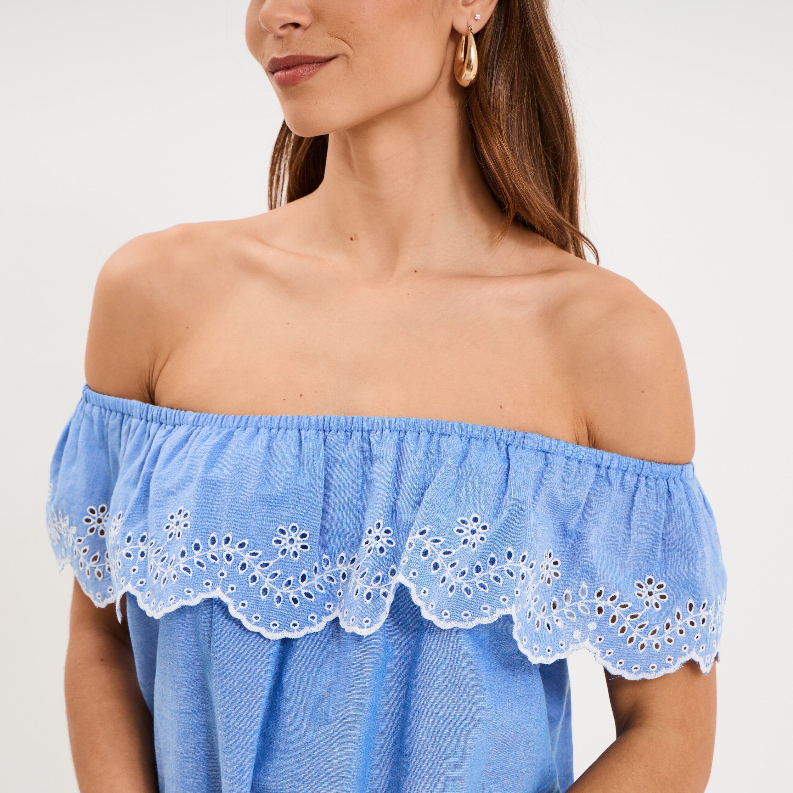 Blouse col bardot broderie anglaise bleu clair femme