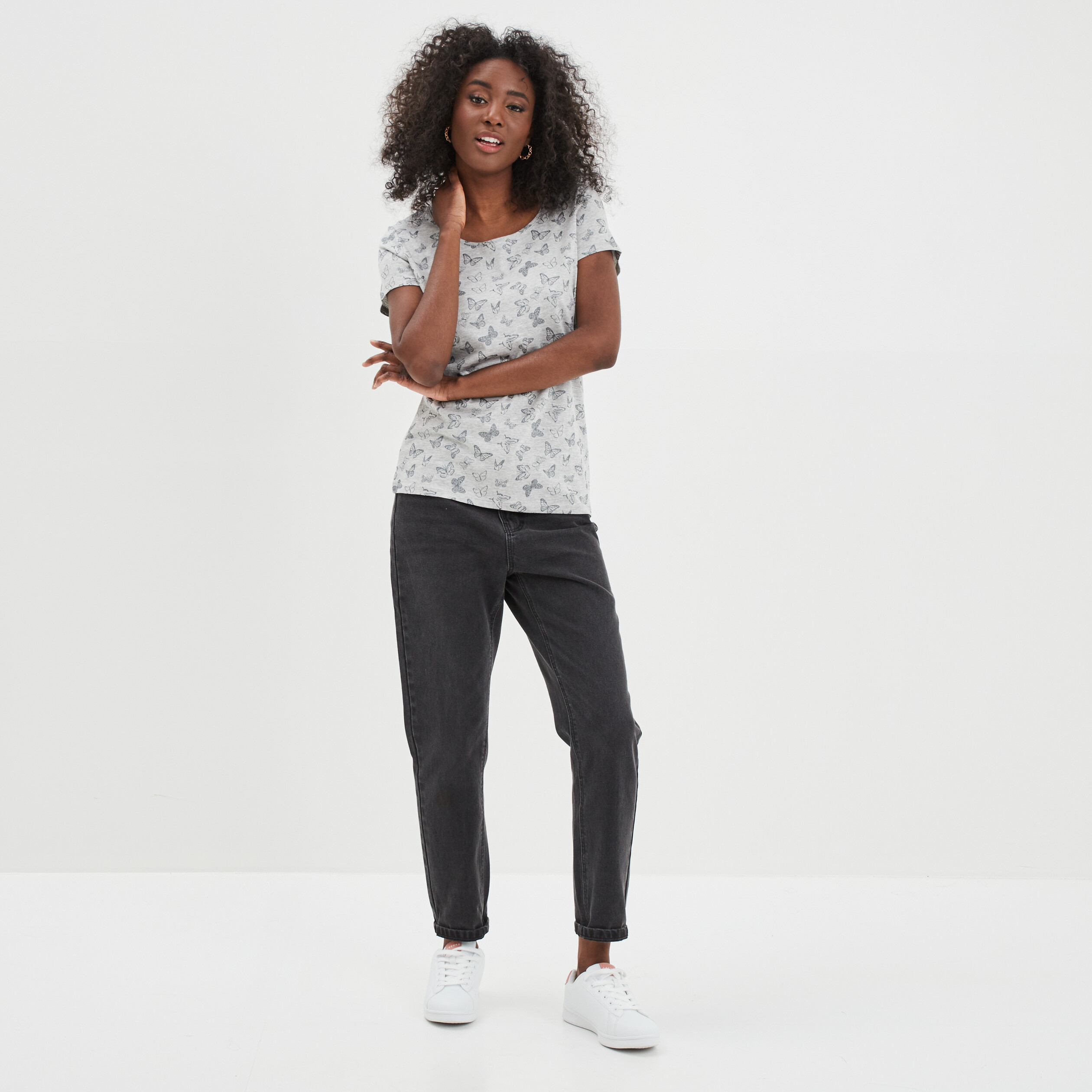t shirt coton imprime coupe ajustee gris clair femme T-shirt coton imprimé coupe ajustée gris clair femme