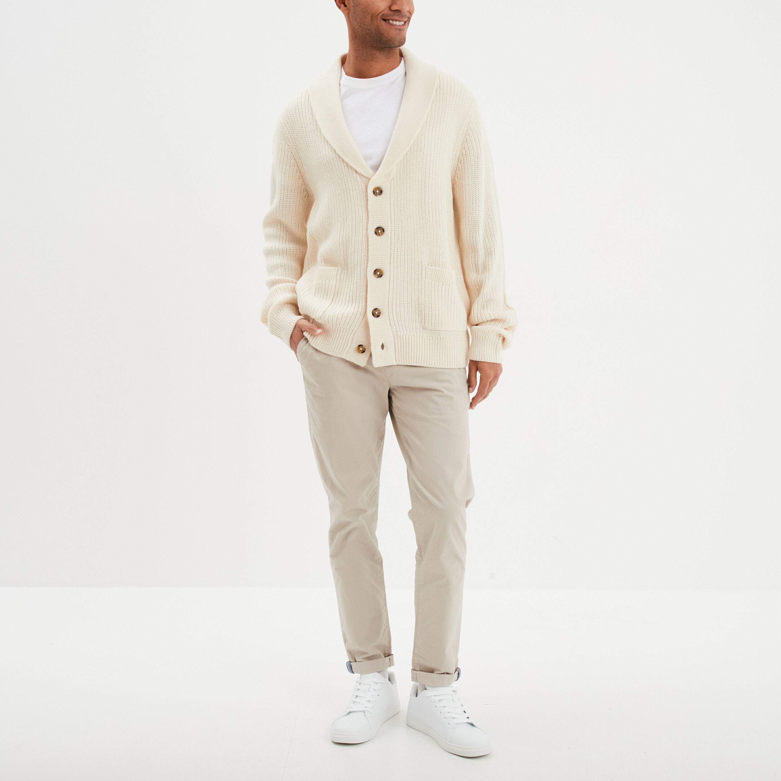 Pantalon chino slim stretch creme homme