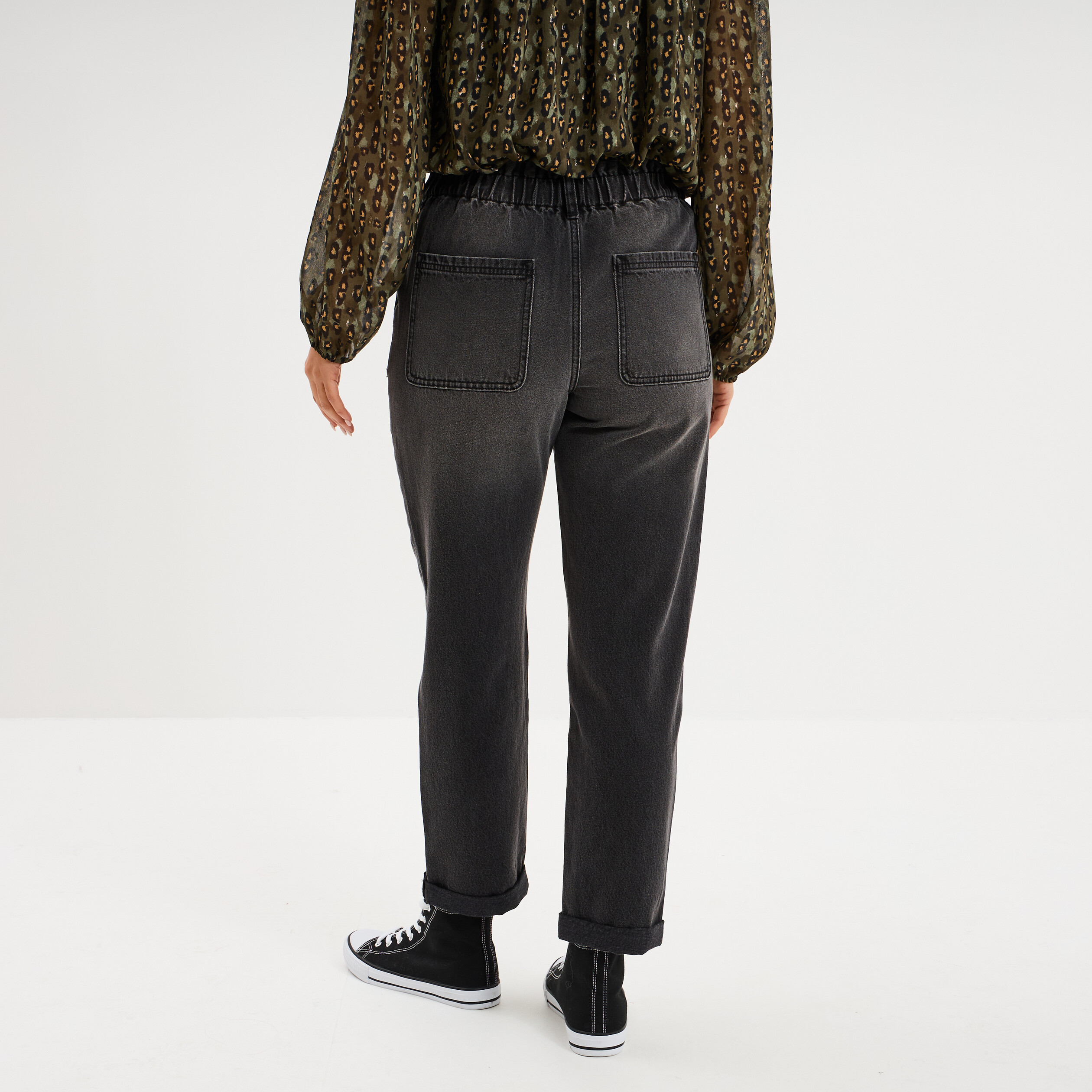 Jean paperbag cropped taille &eacute;lastiqu&eacute;e denim noir femme