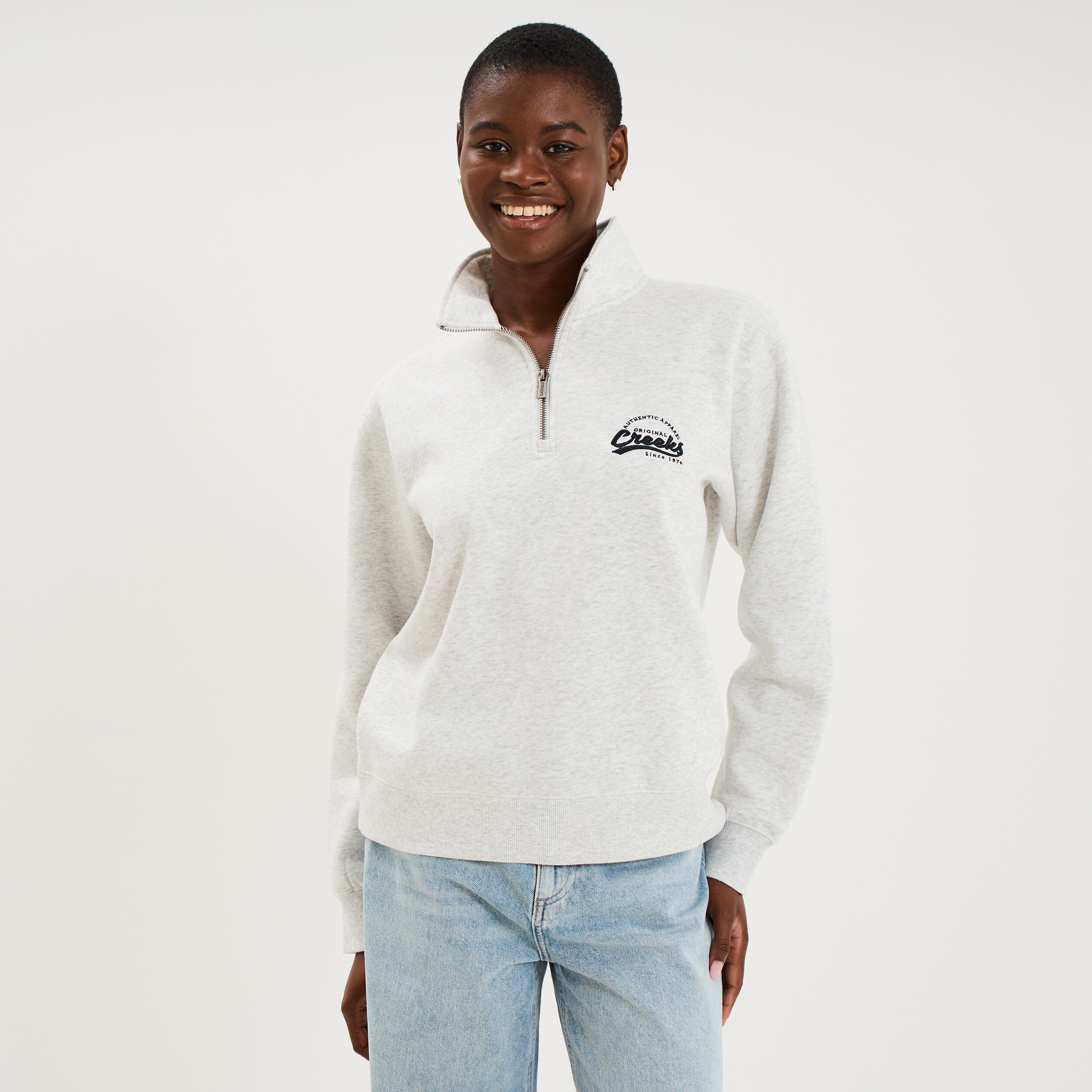 Sweat col camionneur zipp&eacute; gris clair femme