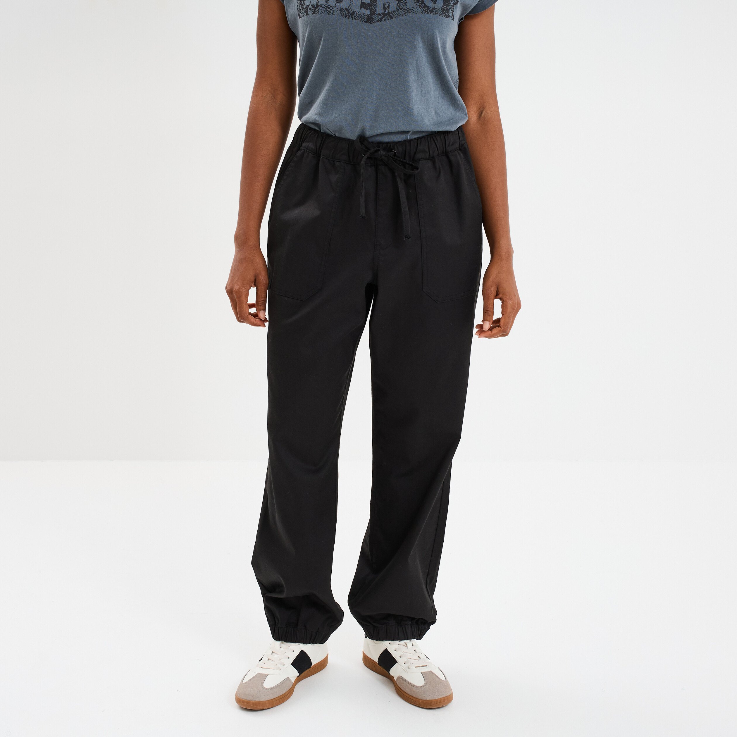 pantalon droit battle taille elastiquee noir femme Pantalon droit battle taille élastiquée noir femme