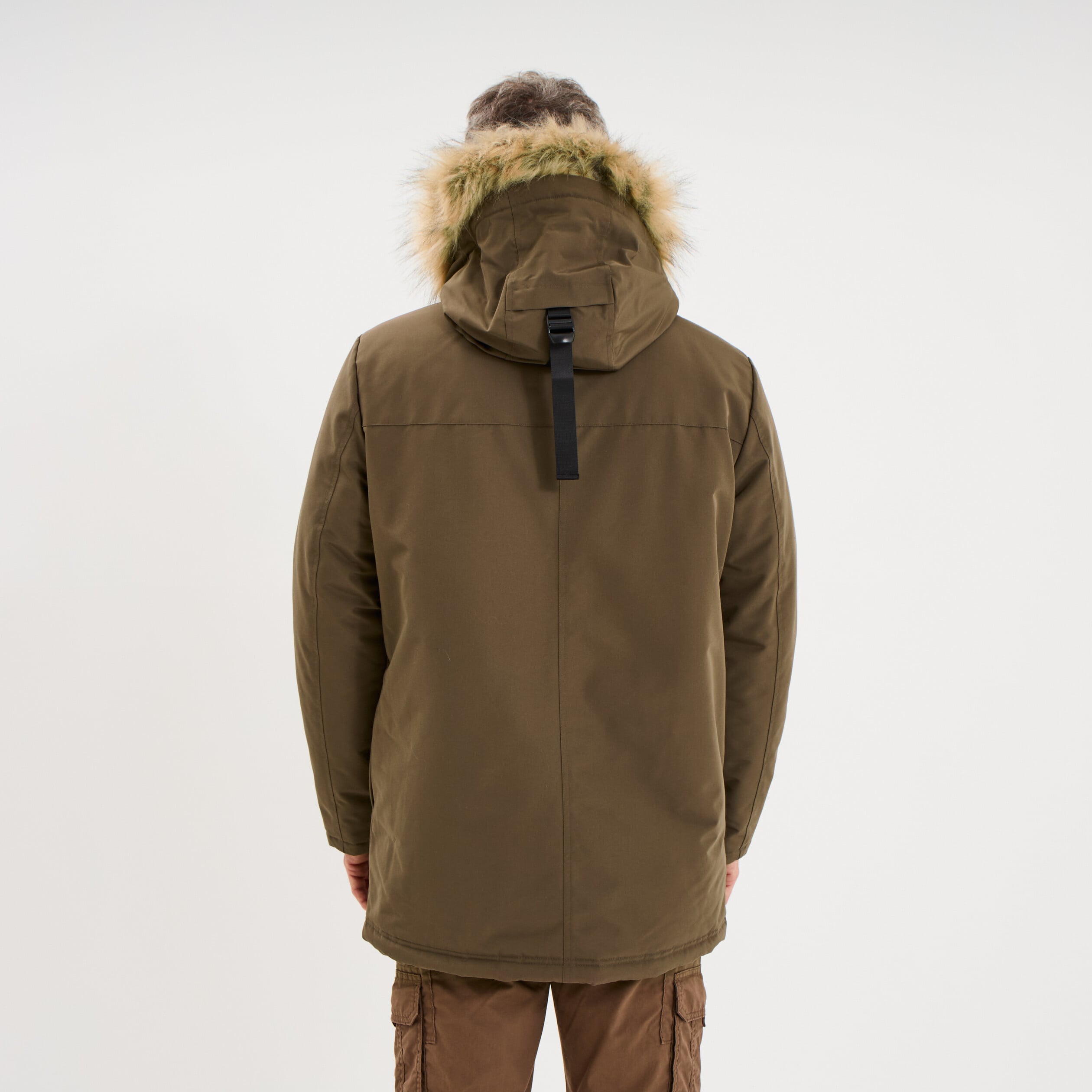Parka &agrave; capuche fausse fourrure vert kaki homme