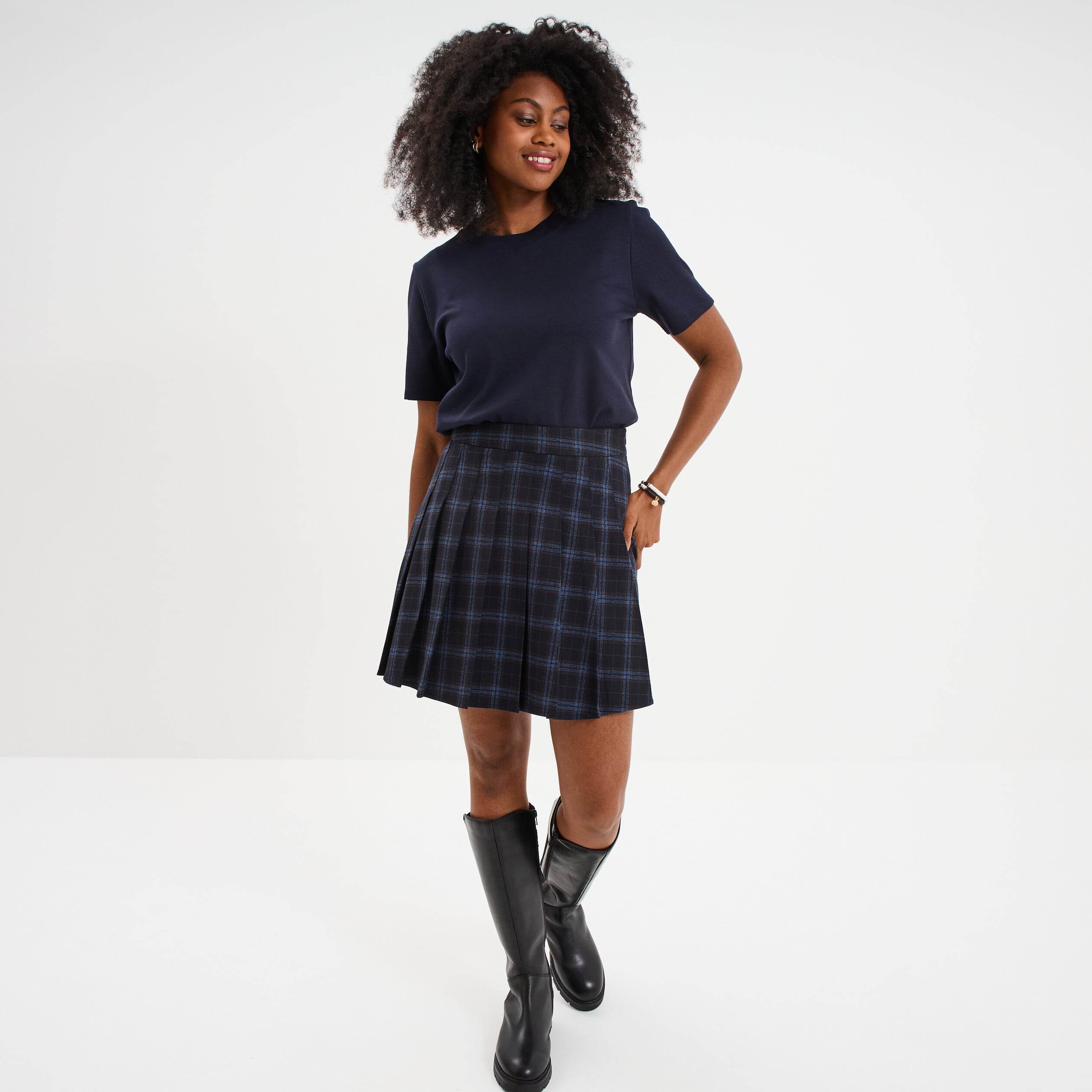 T-shirt col rond manches courtes coton bleu fonc&eacute; femme