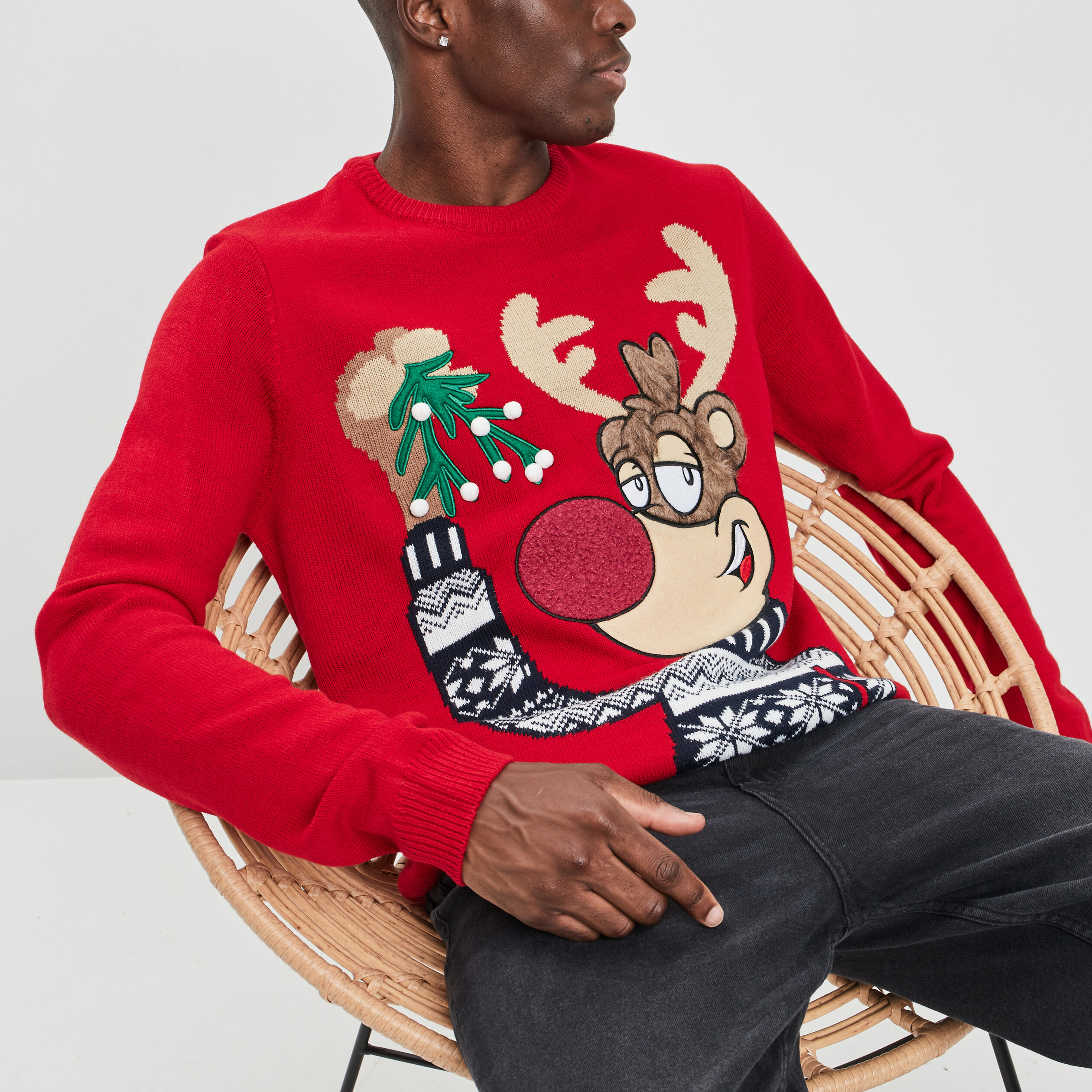 Pull de Noël avec col rond rouge homme