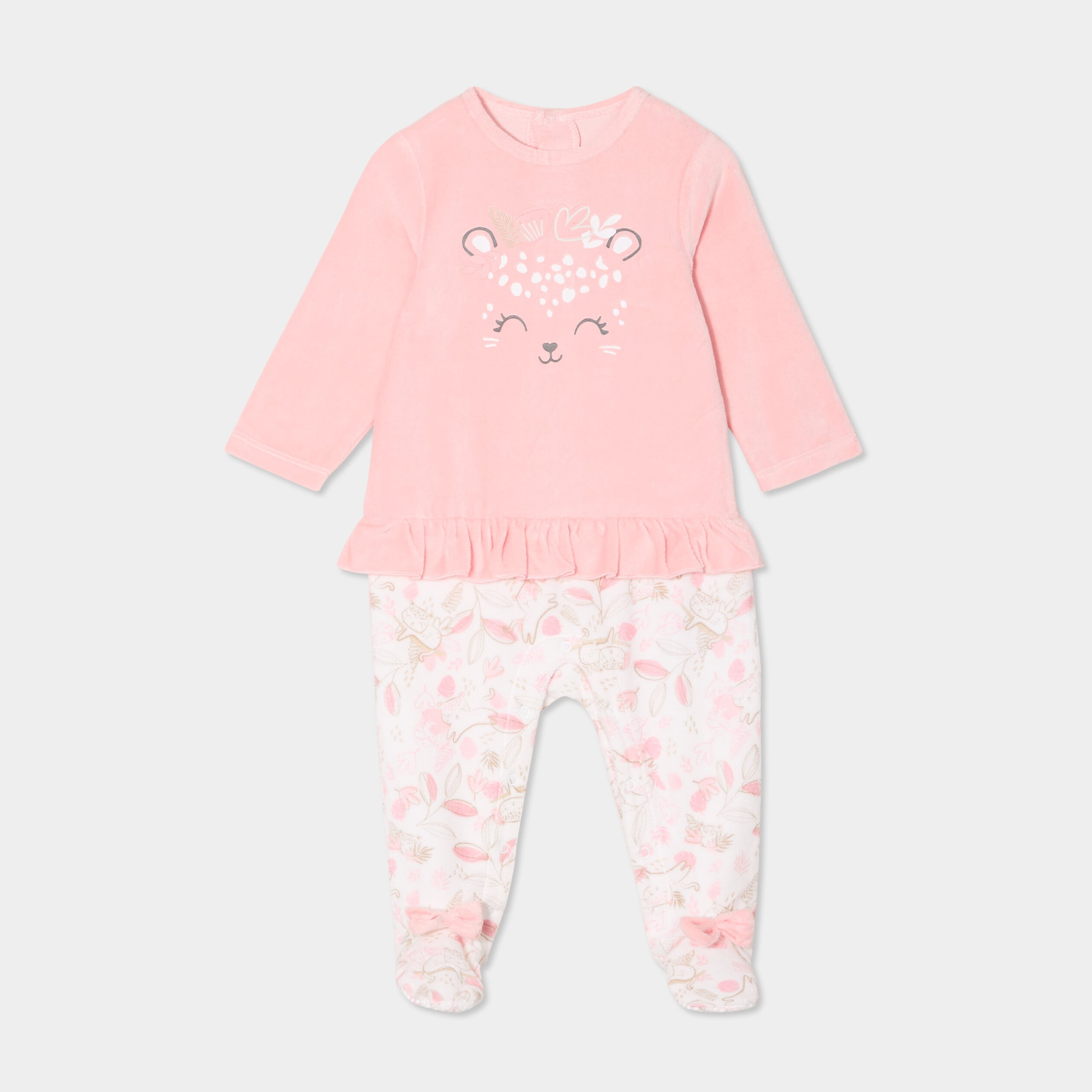 Dors-bien effet velours manches longues rose poudr&eacute;e b&eacute;b&eacute; fille