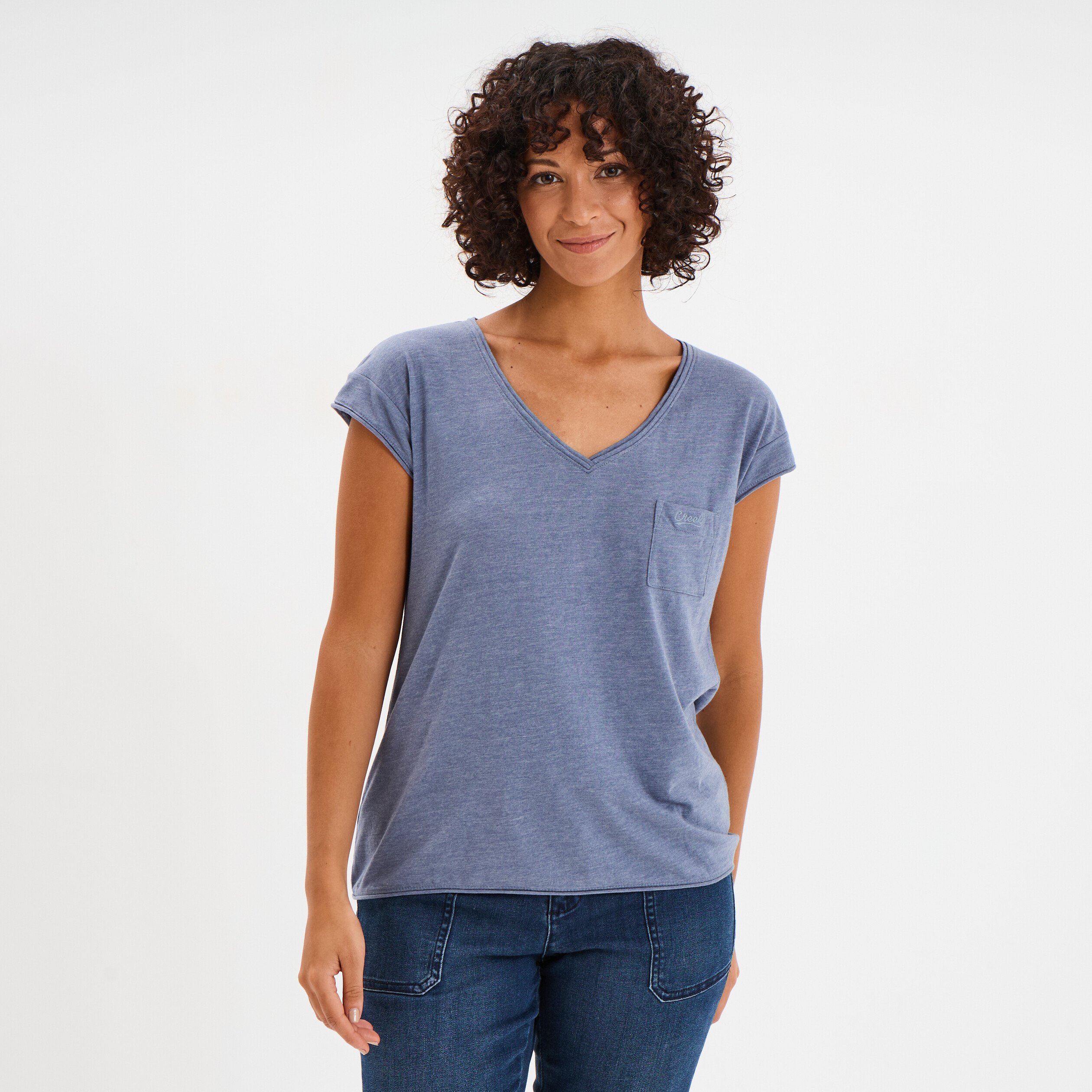 t shirt col v poche poitrine creeks bleu gris femme T-shirt col v poche poitrine Creeks bleu gris femme