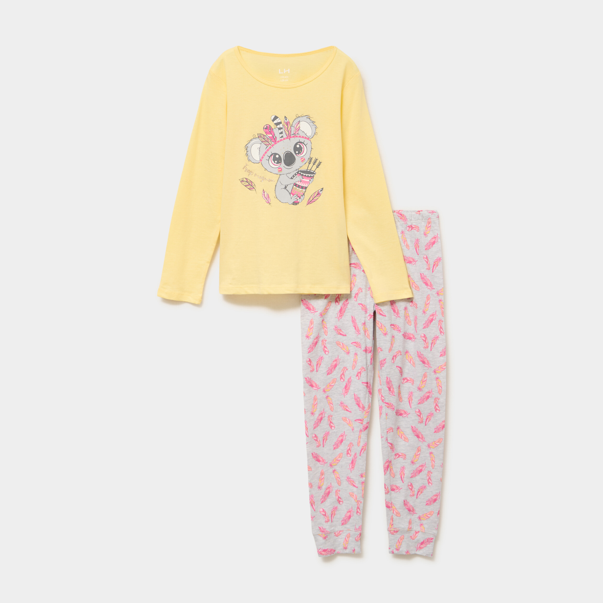 Ensemble pyjama pantalon 2 pi&egrave;ces coton jaune pastel fille