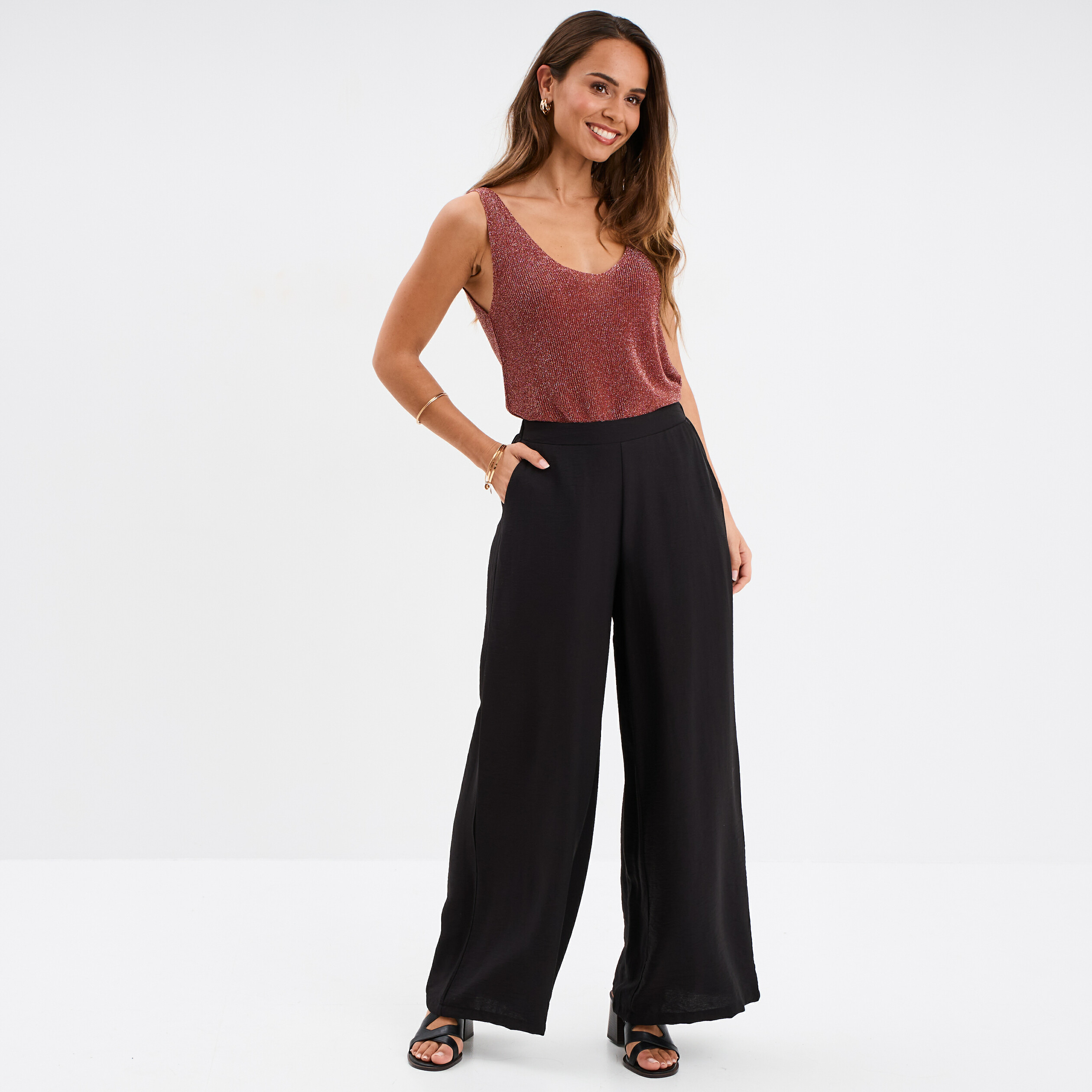 debardeur maille col en v marron cognac femme Débardeur maille col en V marron cognac femme
