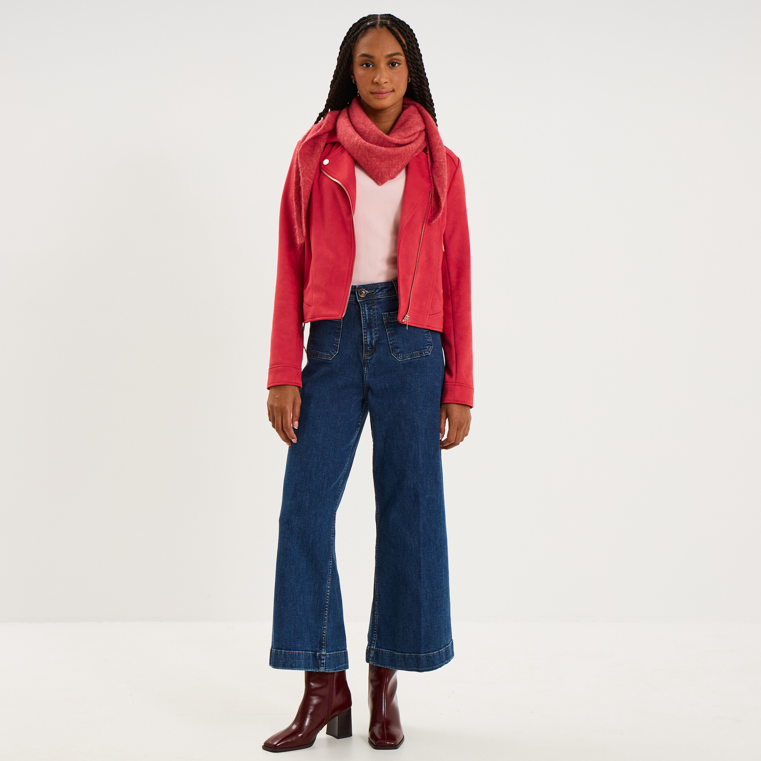 Veste biker en su&eacute;dine ajust&eacute;e rouge femme