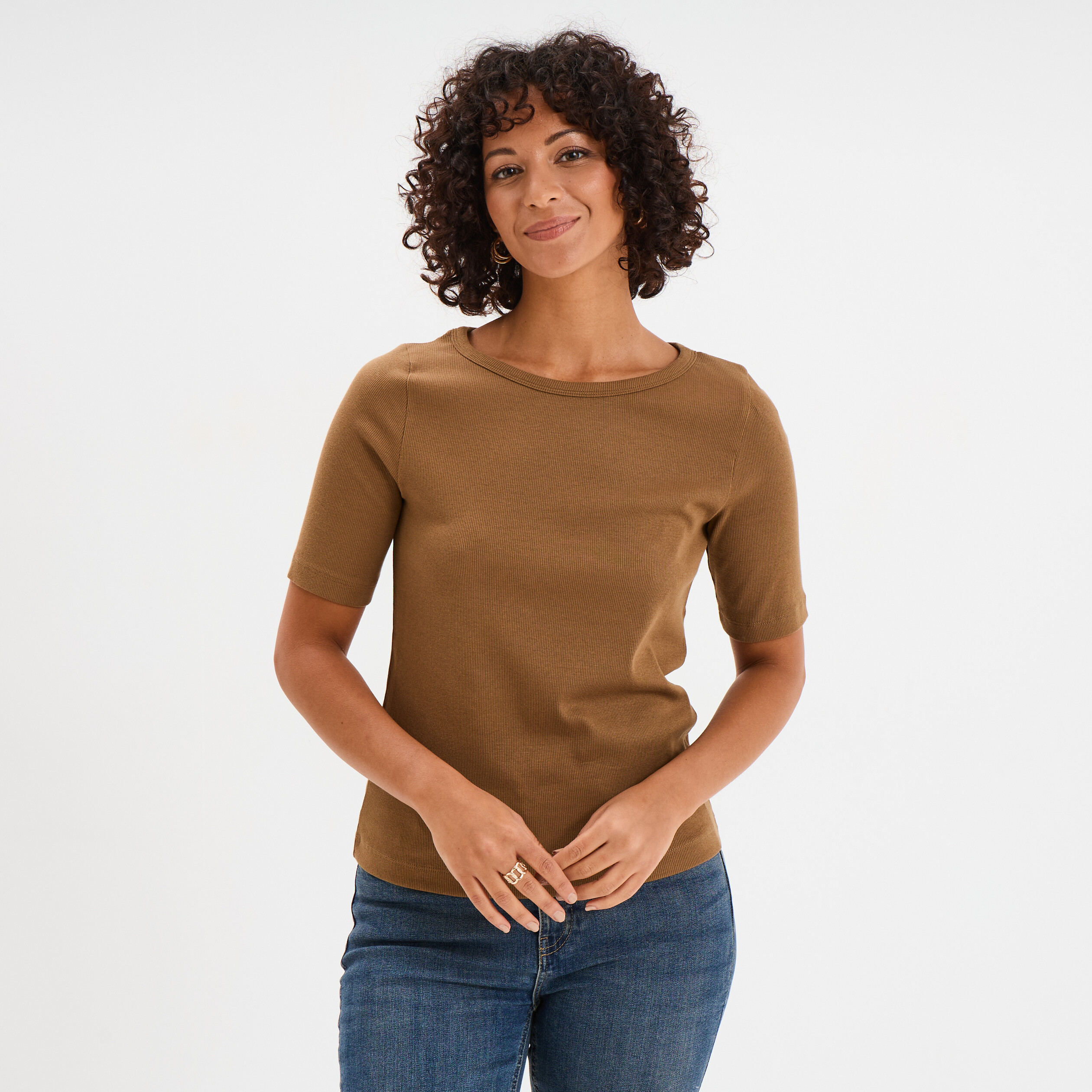 T-shirt col rond manches courtes coton beige femme