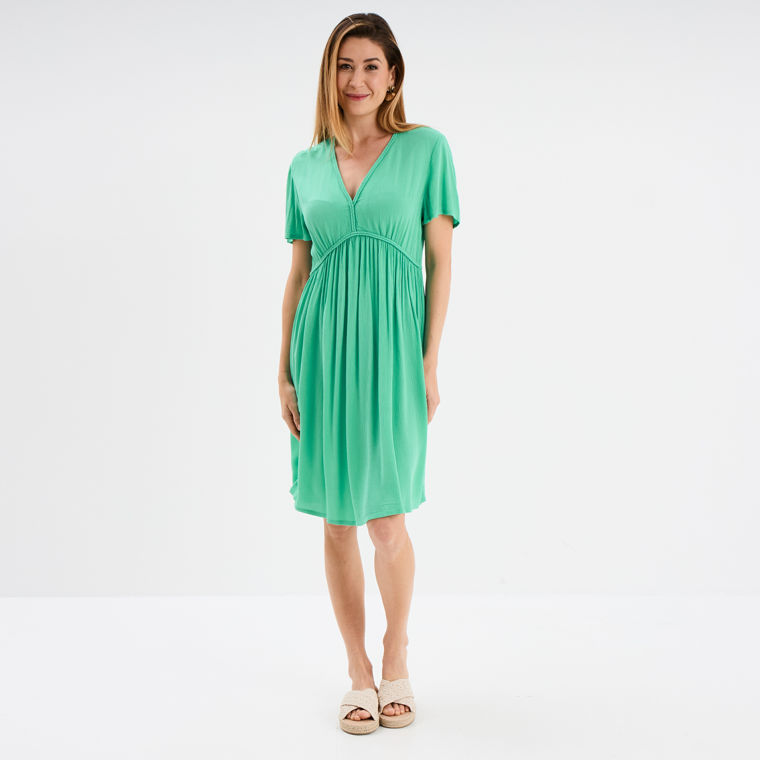 robe col en v details tresses vert menthe femme Robe col en V détails tressés vert menthe femme