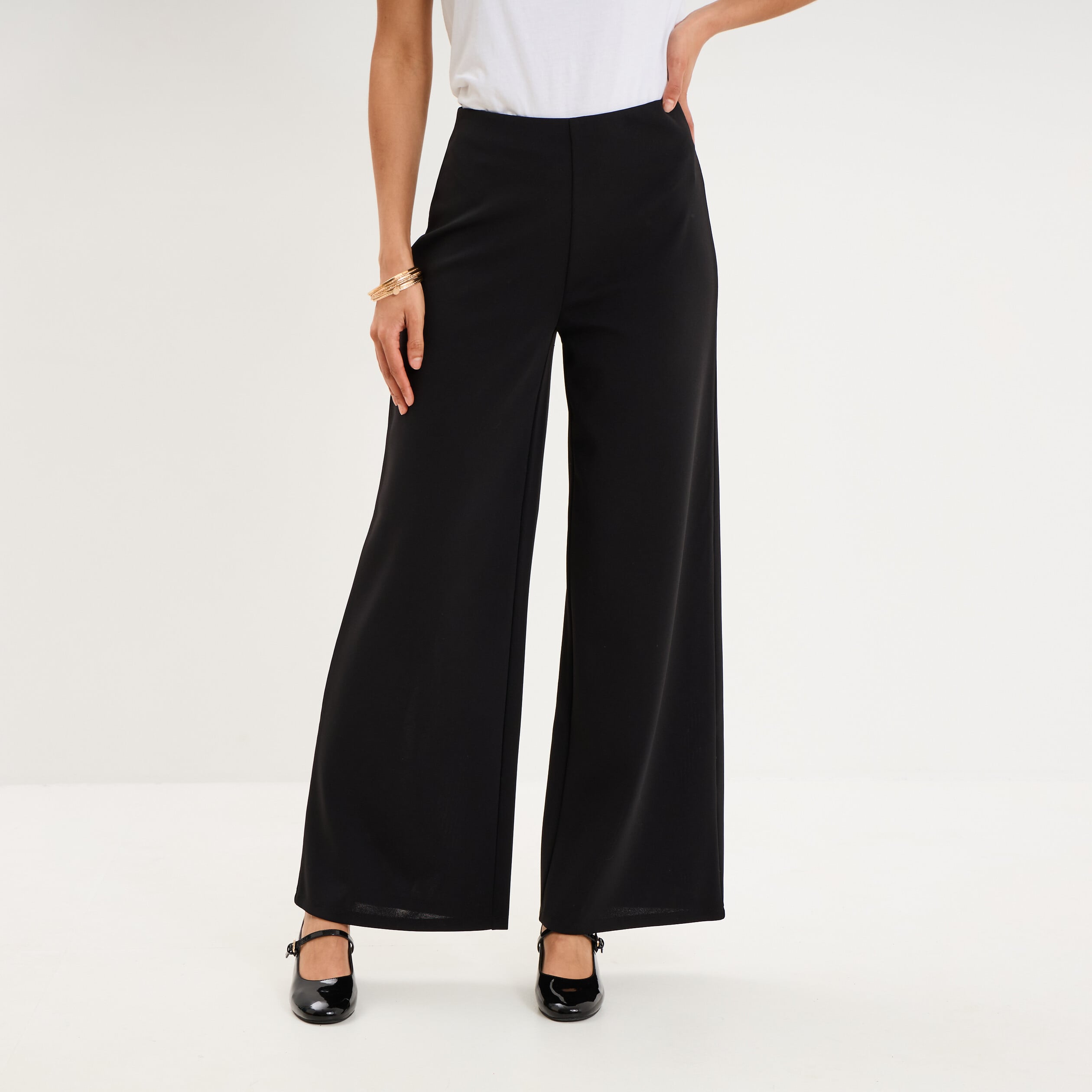 Pantalon large fluide taille haute noir femme