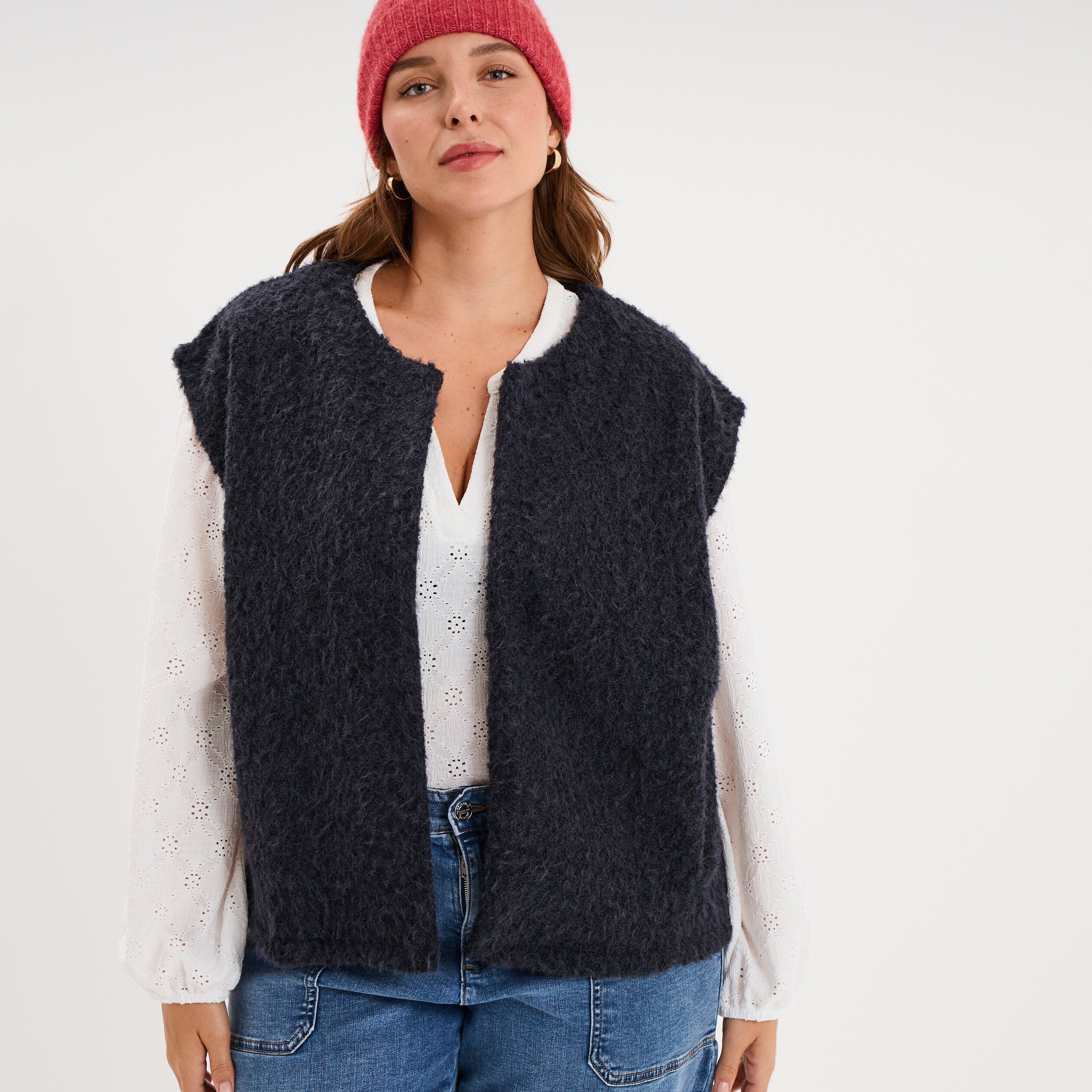 Veste droite sans manches bouclette bleu marine femme grande taille