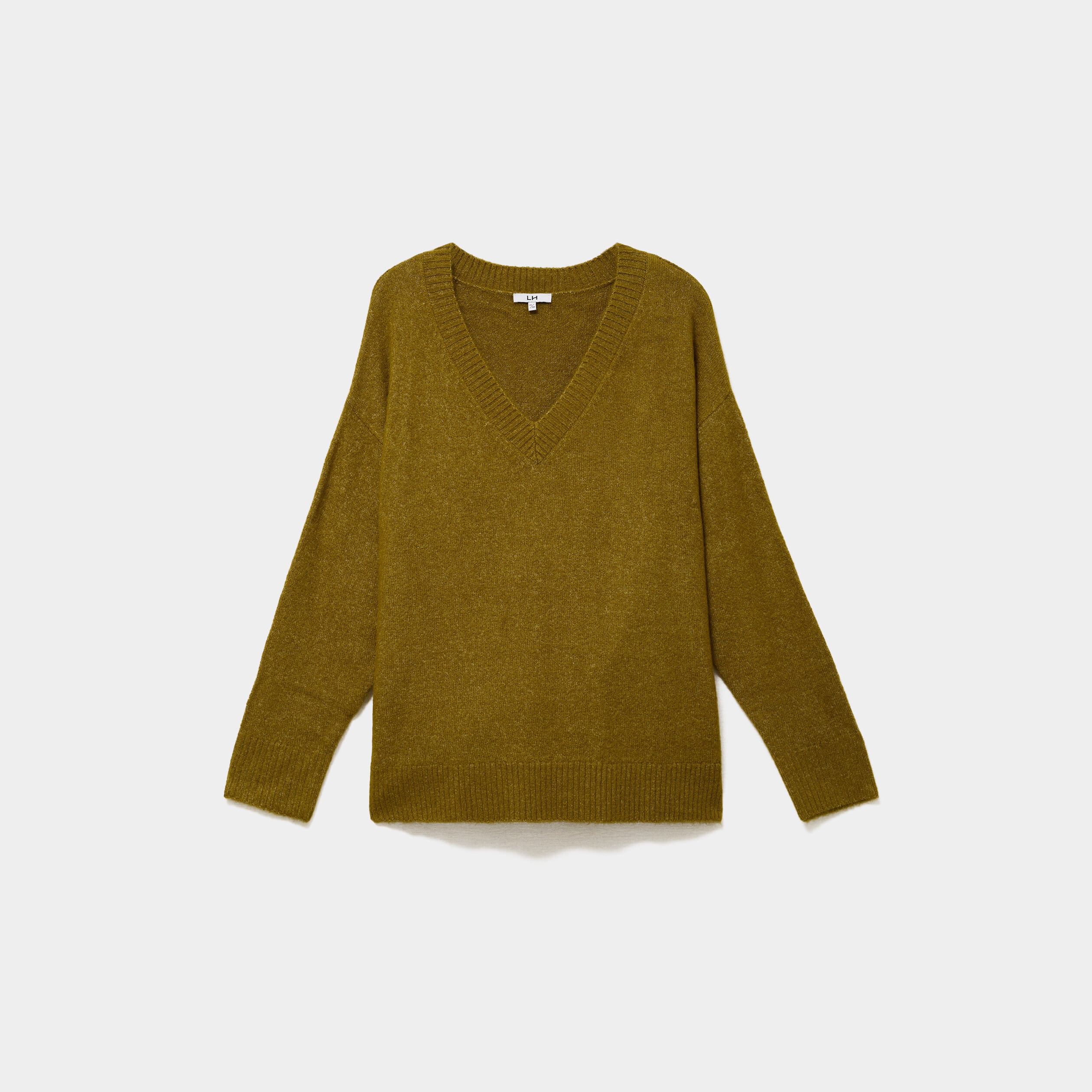 Pull droit col en V manches longues vert olive femme grande taille