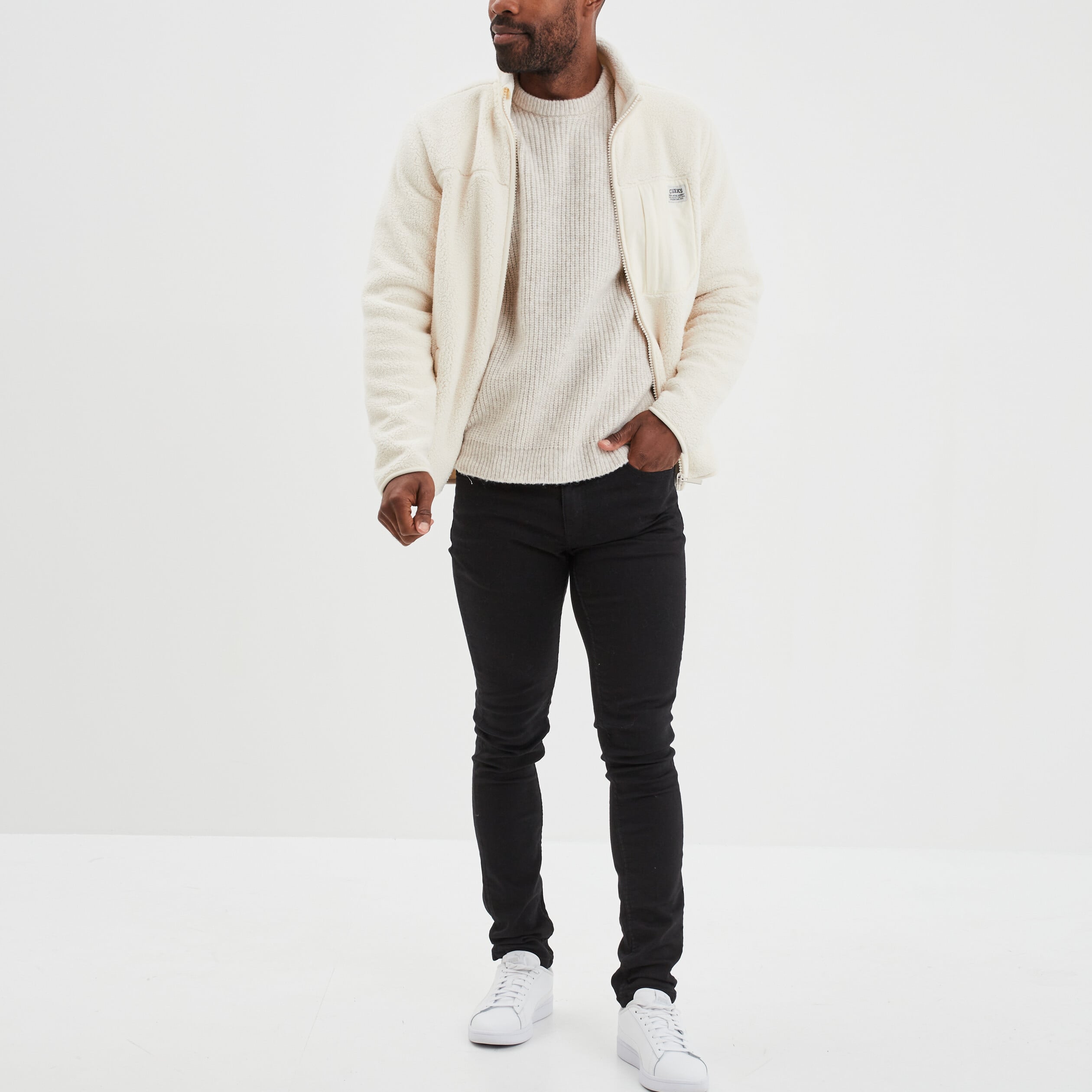 Pull col rond &agrave; manches longues beige homme