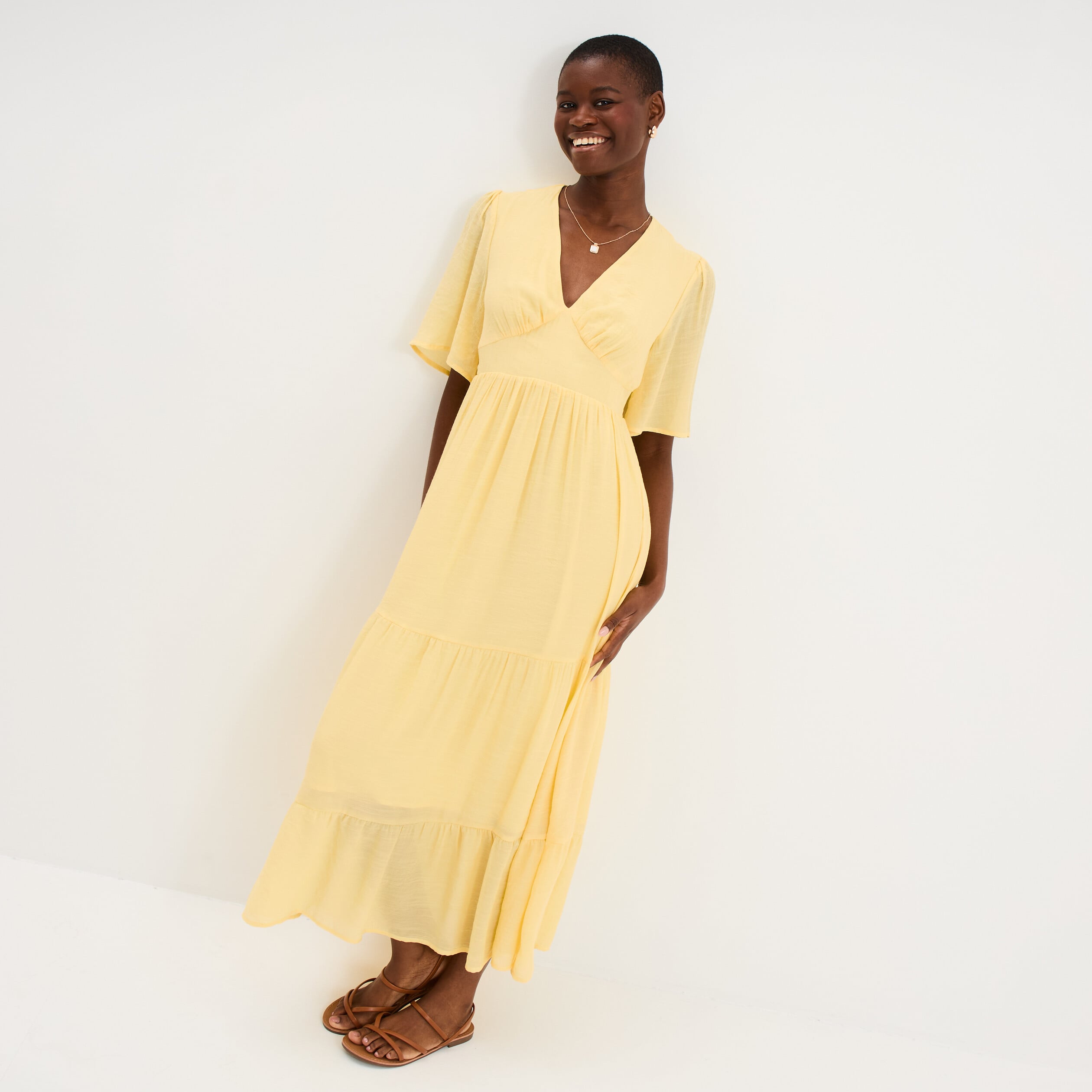 Robe longue fluide &agrave; volants jaune clair femme