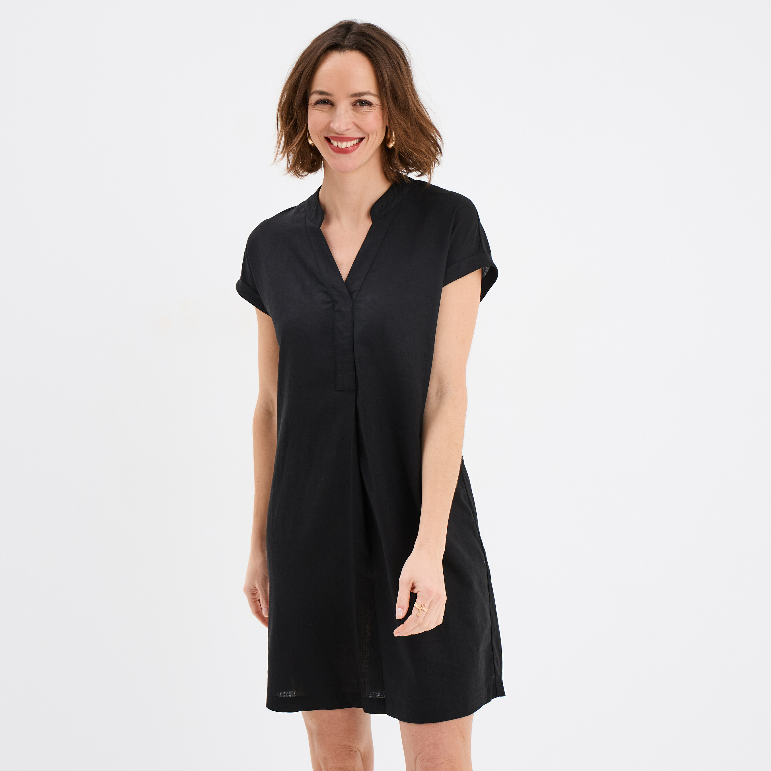 robe manches courtes lin melange noir femme Robe manches courtes lin mélangé noir femme